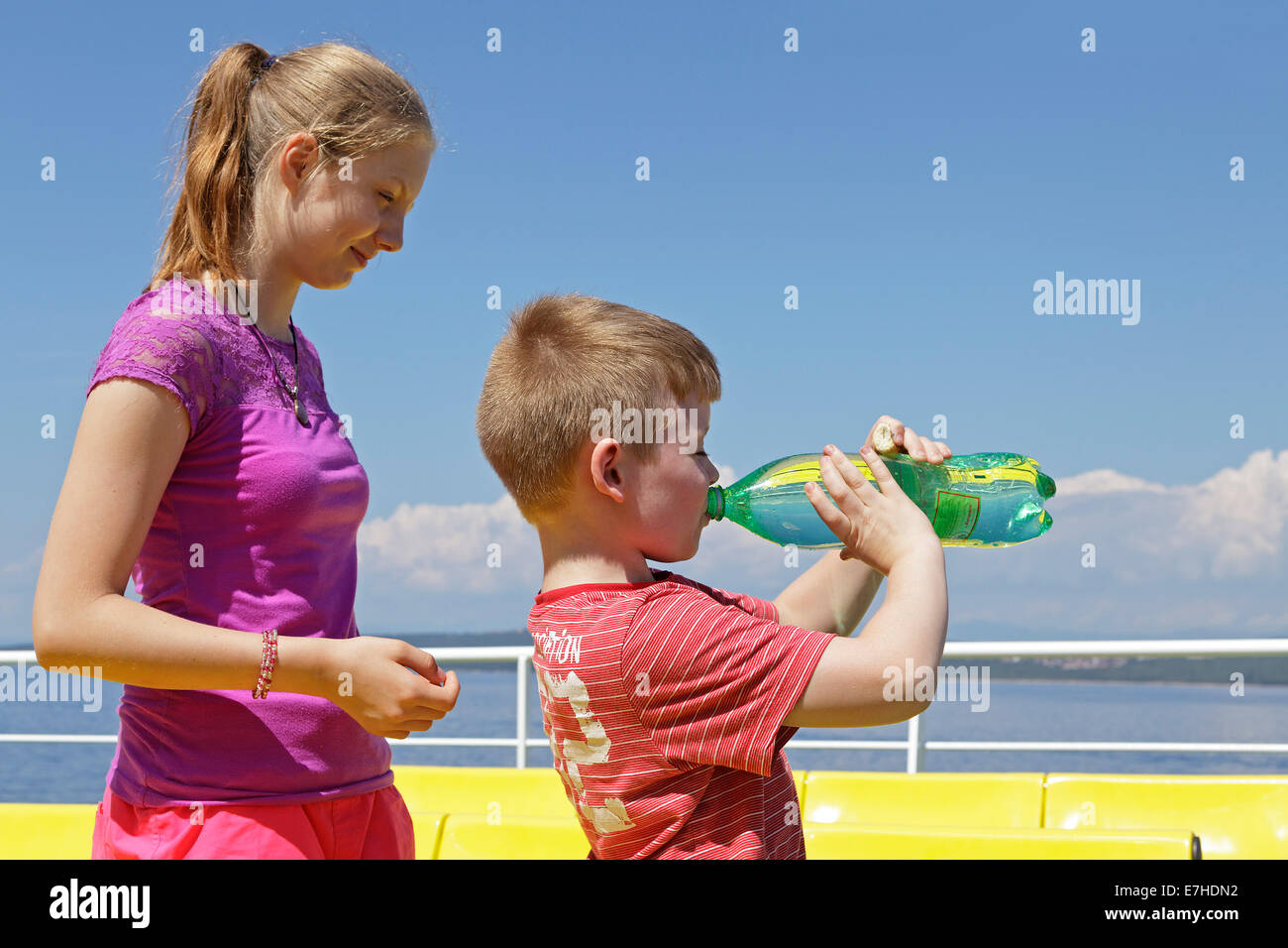 children on the Krk-Cres Ferry, Kvarner Gulf, Croatia Stock Photo
