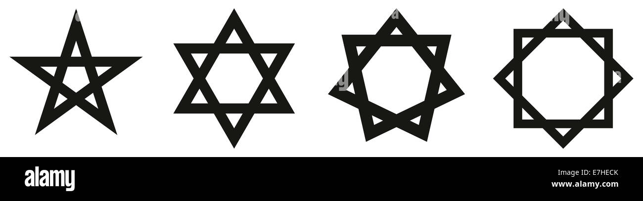 Geometric Star Figures Black - Pentagram, hexagram, heptagram and octagram Stock Photo