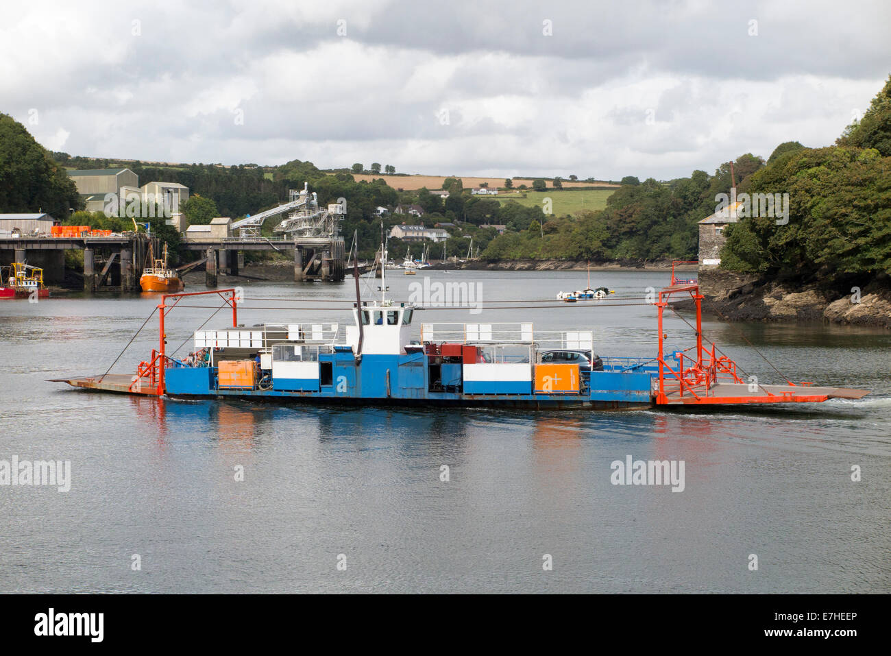 Cornish Bodinnick Vehicle Ferry between Bodinnick and Fowey in Cornwall. UK. This ferry is mid-way between (Fowey left of frame) Stock Photo