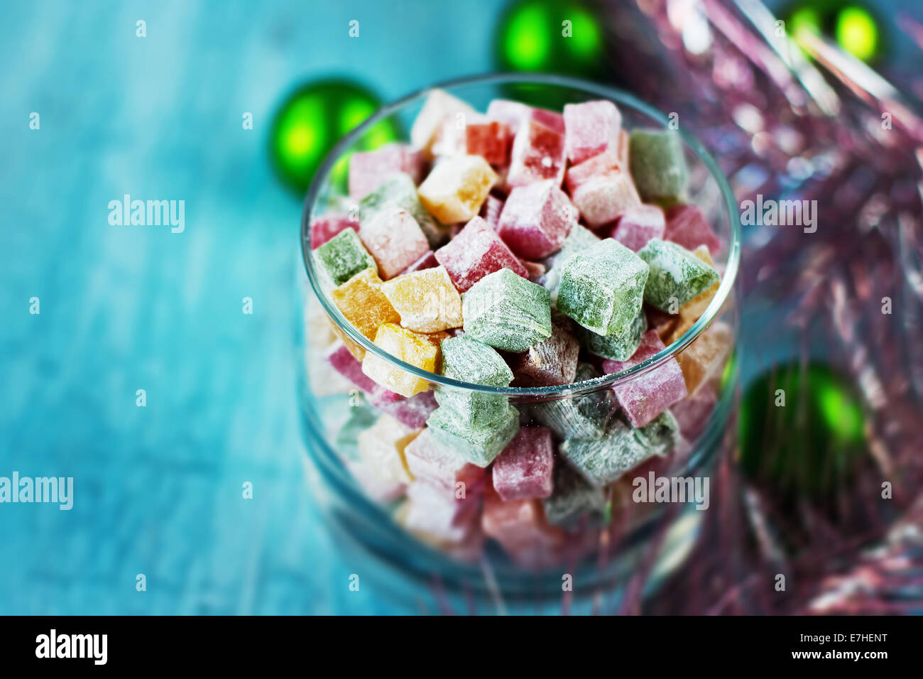 Christmas turkish delight dessert decorated with balls and tinsel Stock Christmas Turkish
