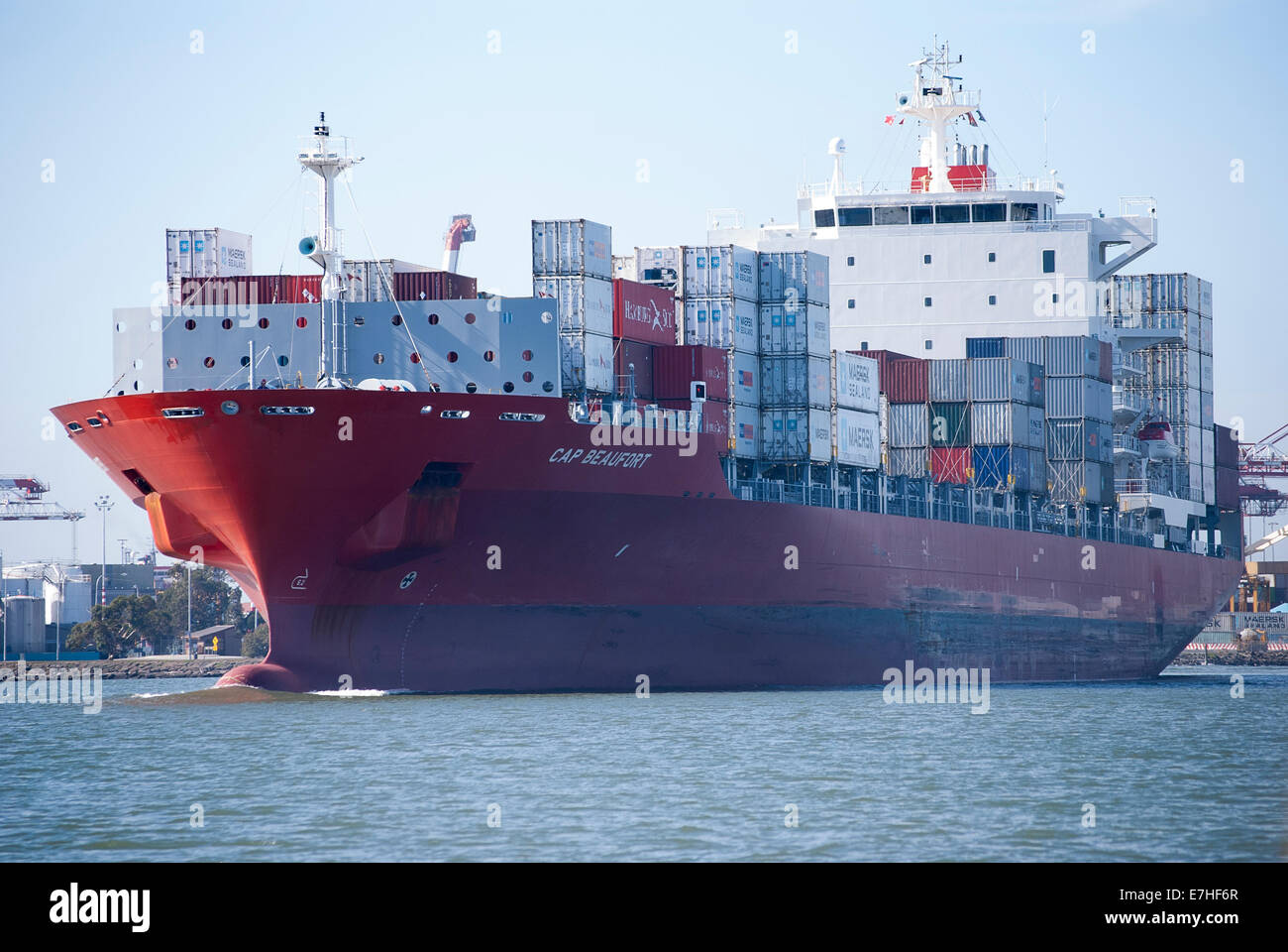 Container ships carry all of their cargo in intermodal containers. Stock Photo