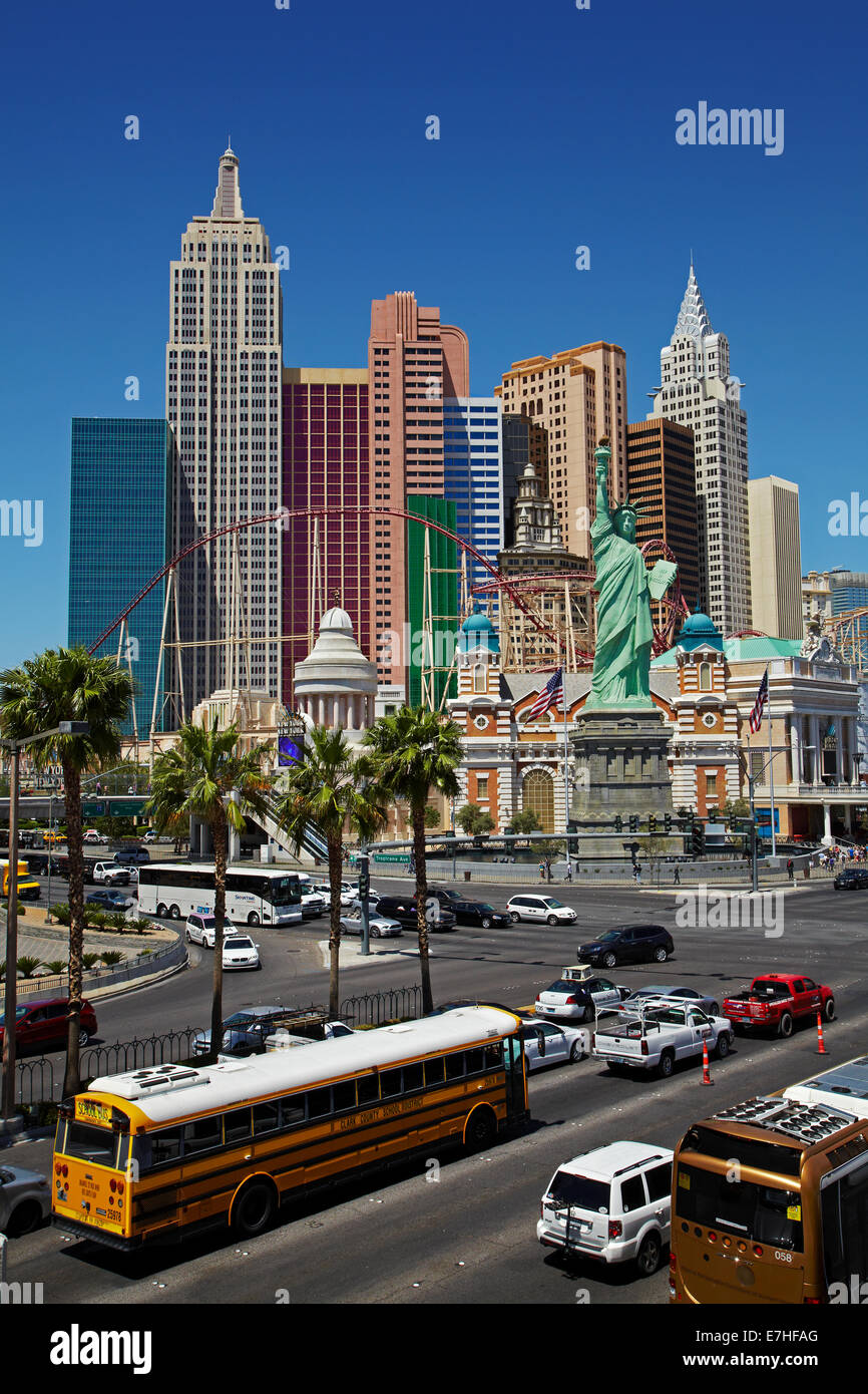 Replica Statue of Liberty and roller coaster on exterior of New York-New York Hotel and Casino, Las Vegas, Nevada, USA Stock Photo