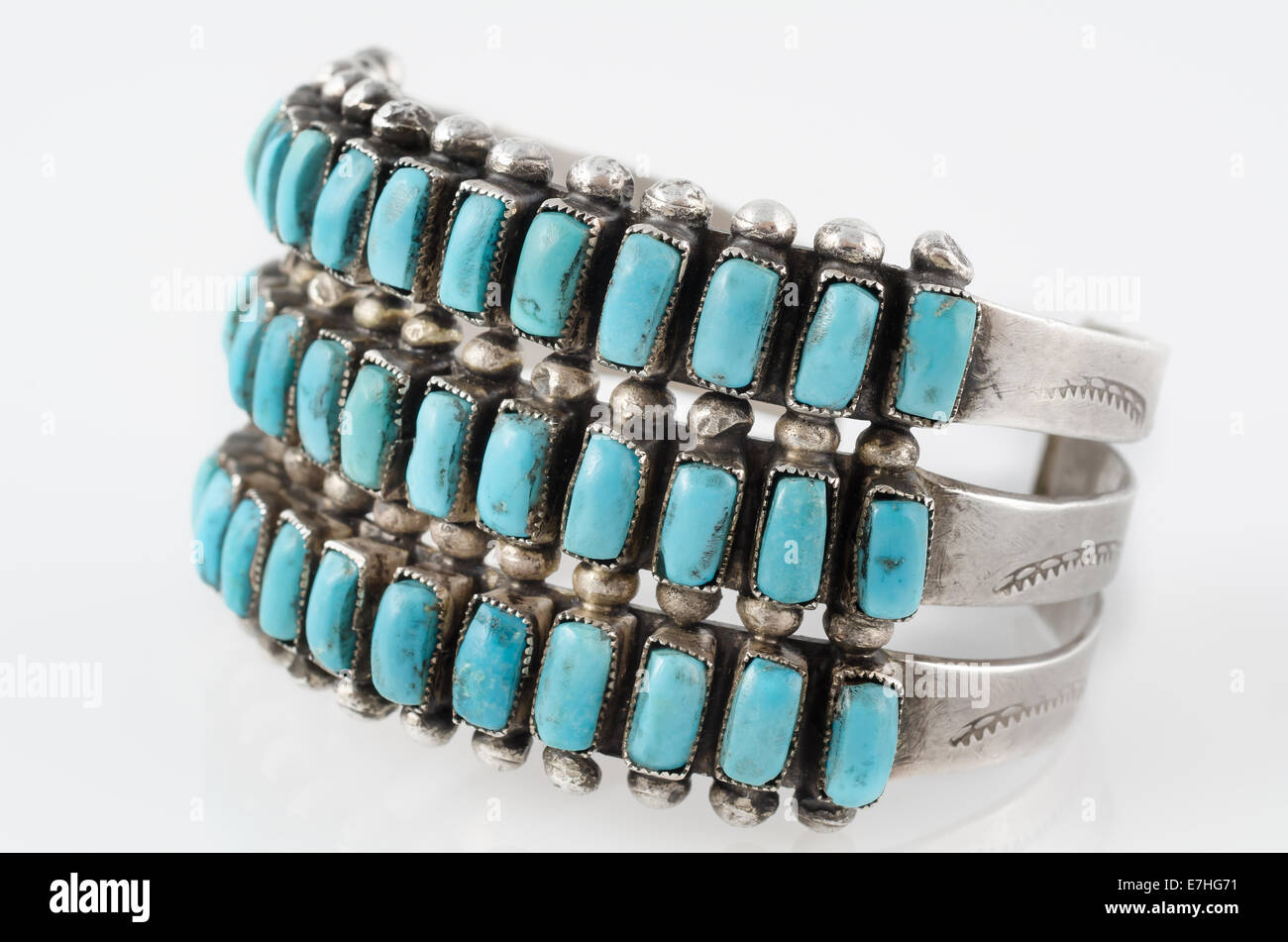 Turquoise and Silver Native American Cluster Cuff Bracelet. Stock Photo