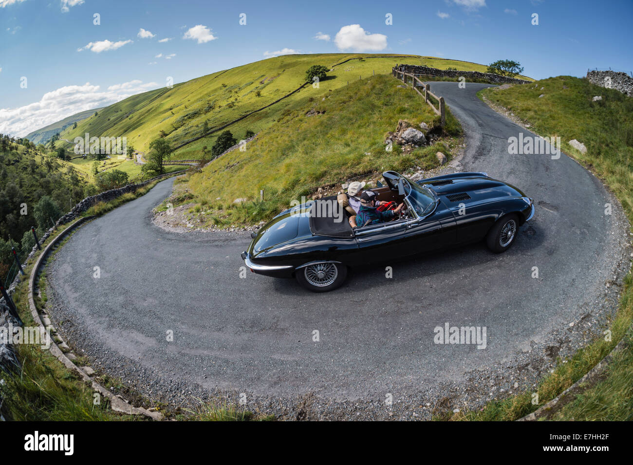 E-Type Jaguar classic car in the Yorkshire Dales Stock Photo