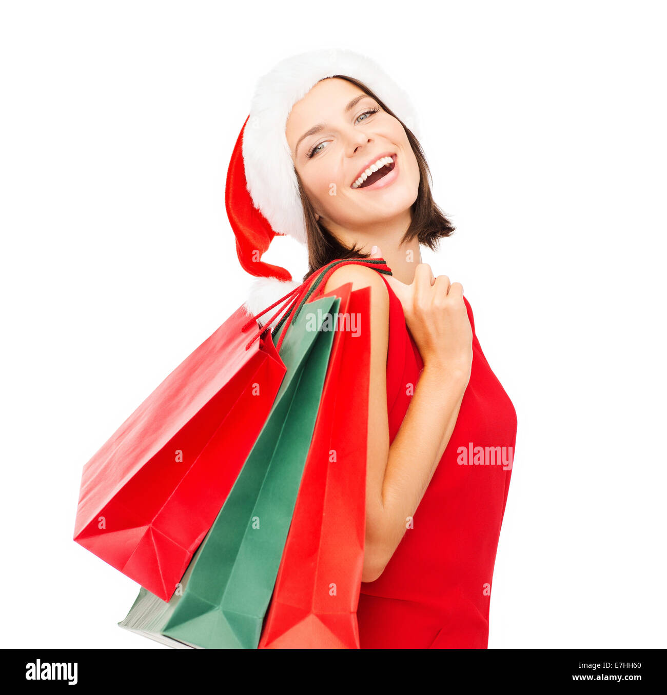 woman in red dress with shopping bags Stock Photo