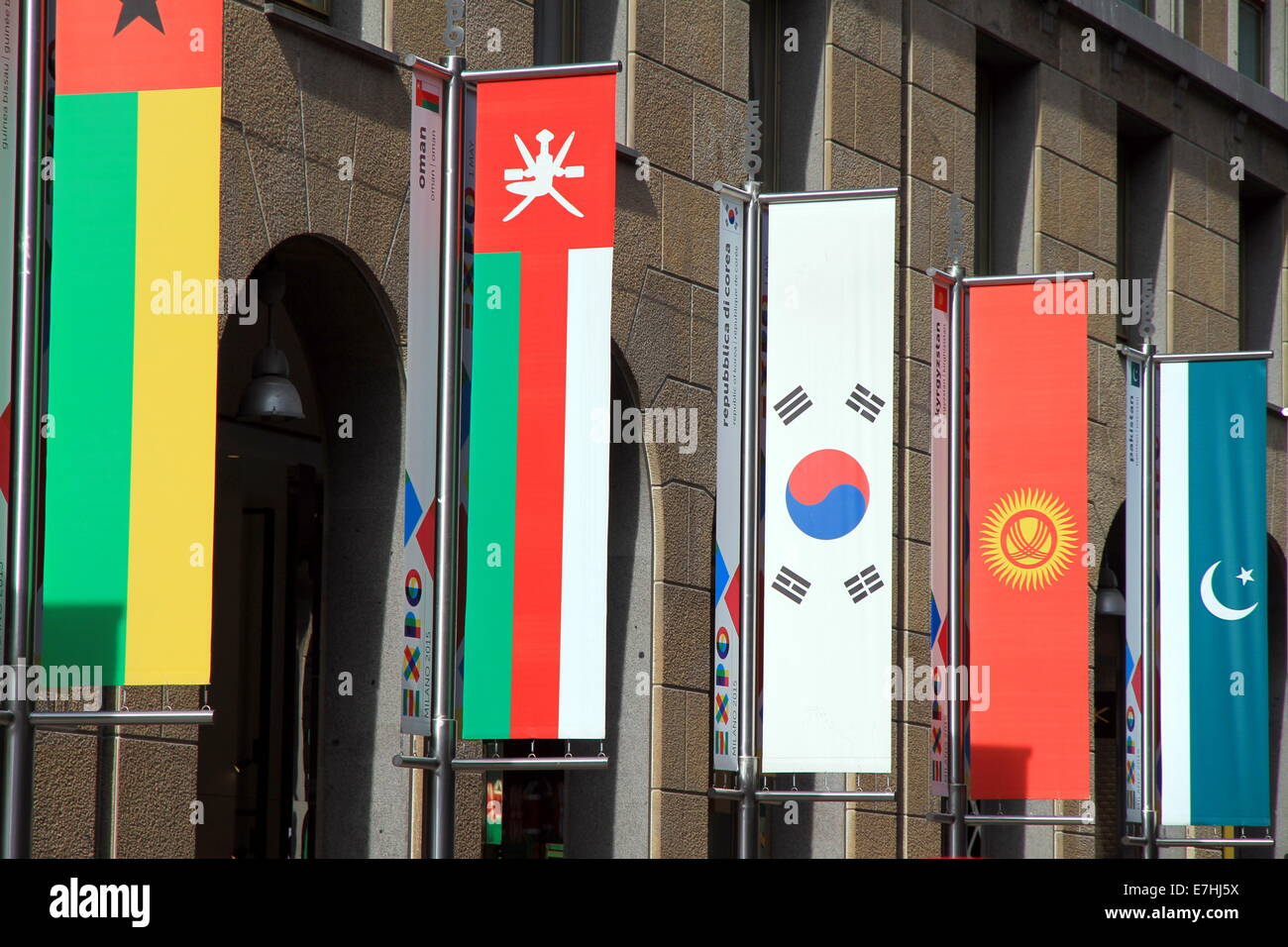 Nations flags displayed in Milan, Italy Stock Photo
