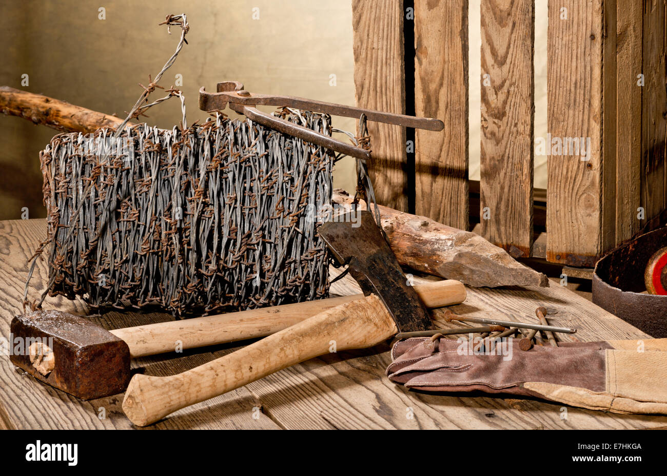 still life with barbed wire and old tools Stock Photo