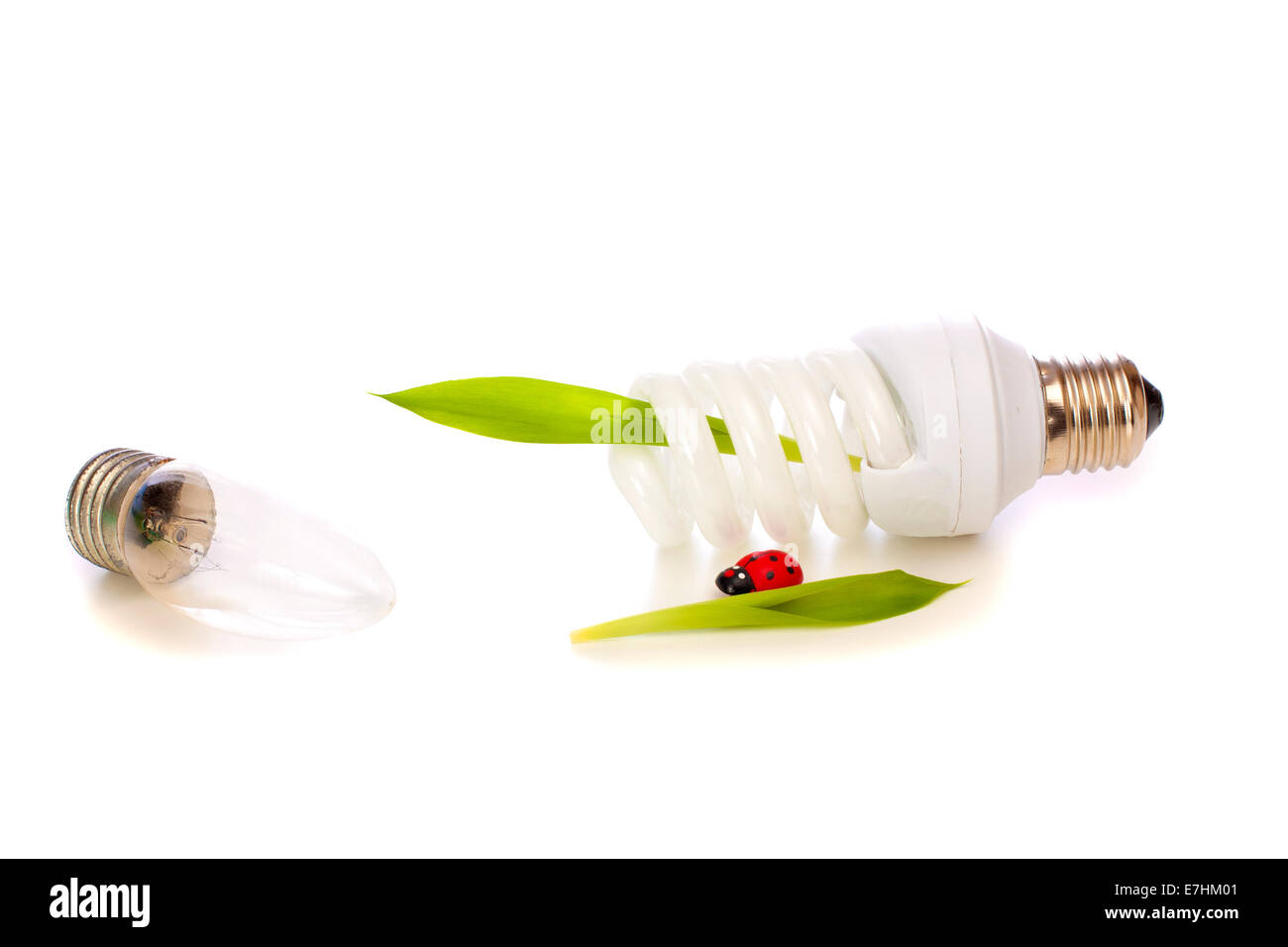 One eco lightbulb with green leaf and one old lightbulb with filament isolated over white background Stock Photo