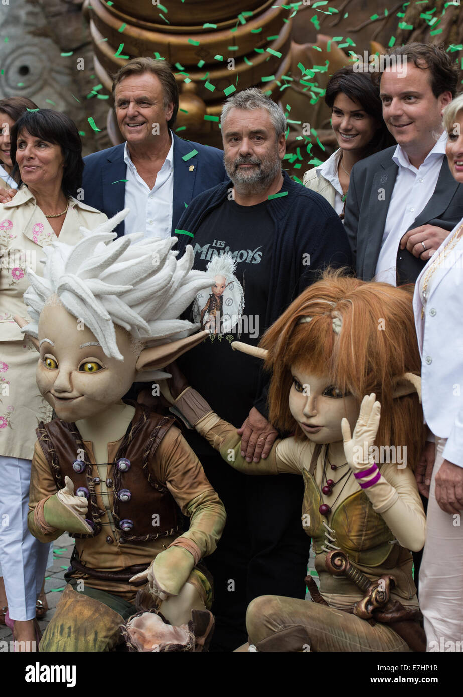 Rust, Germany. 18th Sep, 2014. Marianne Mack, manager of Europa Park amusement park, Roland Mack, French star director Luc Besson, Monica Mack and Michael Mack (L-R) pose during the opening of the 'Arthur and the Minimoys' ride at Europa-Park in Rust, Germany, 18 September 2014. Photo: Patrick Seeger/dpa/Alamy Live News Stock Photo