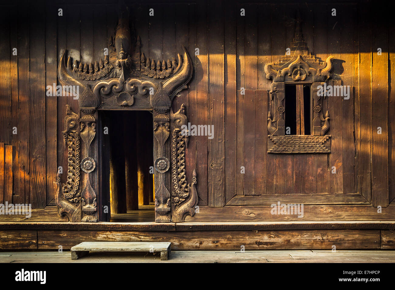 Myanmar (Burma), Mandalay Division, Inwa, Bagaya Kyaung, exterior facade in teak wood Stock Photo