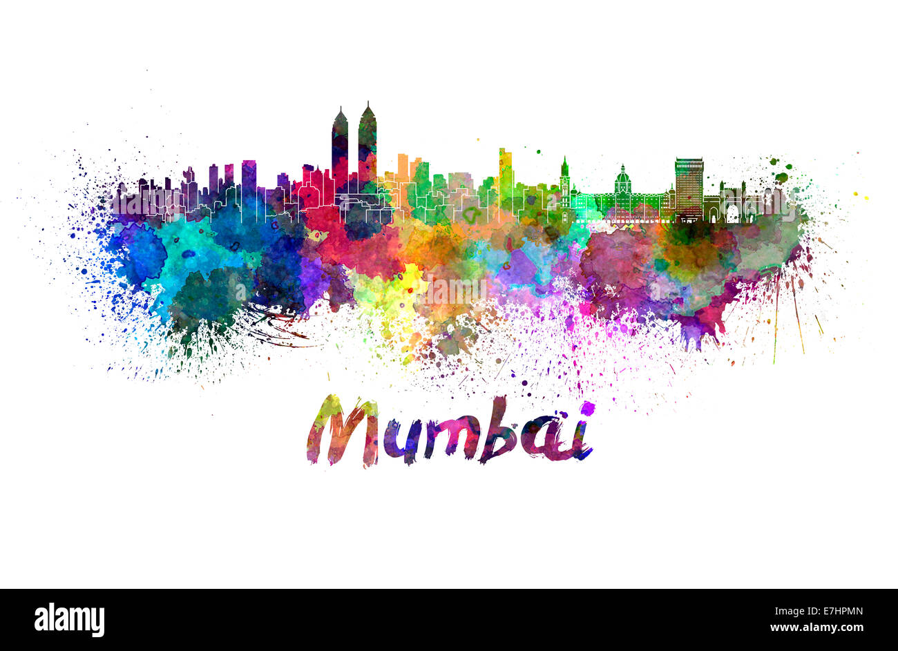 Mumbai skyline in watercolor splatters Stock Photo
