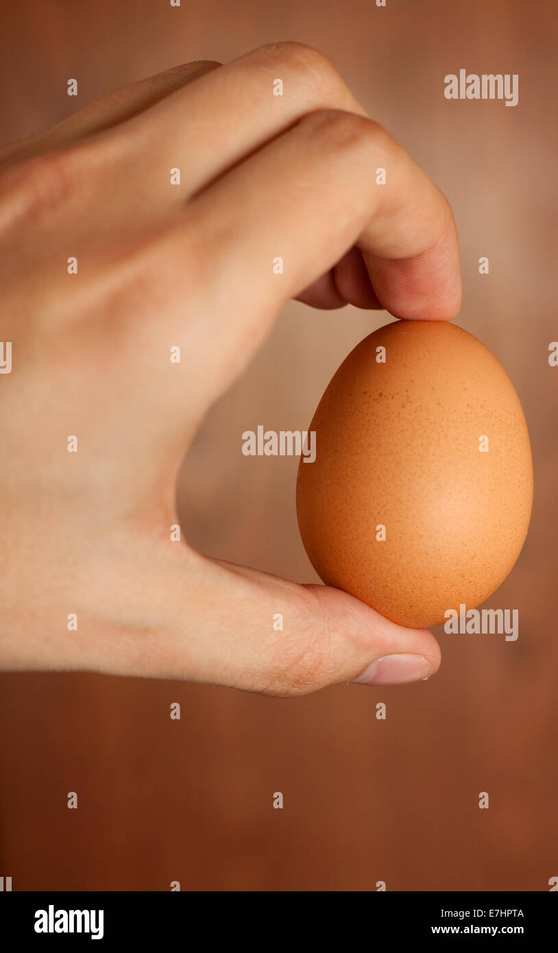 Men's hand with an egg over a wood background Stock Photo