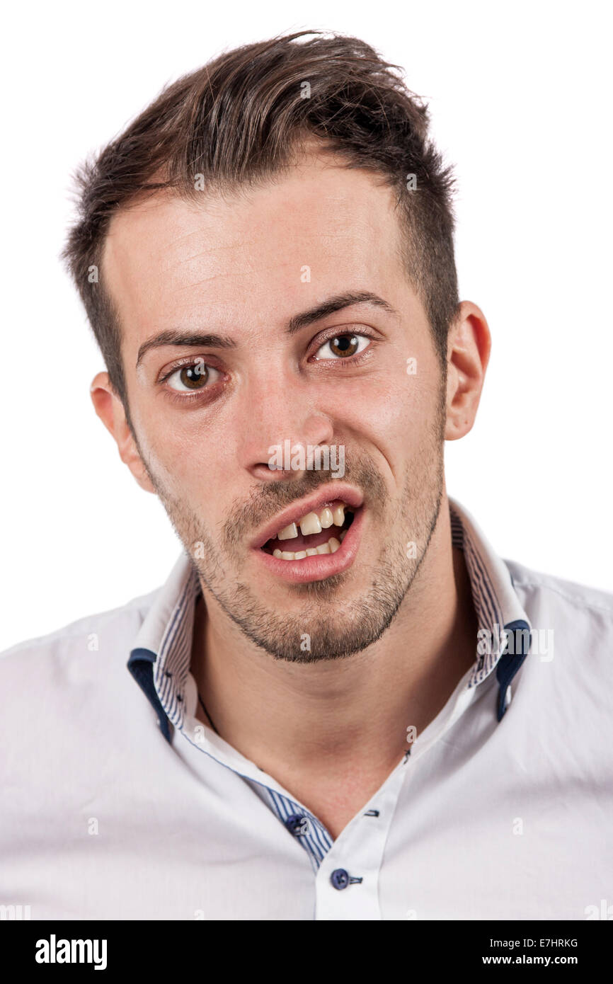 A real funny man face isolated over white background Stock Photo