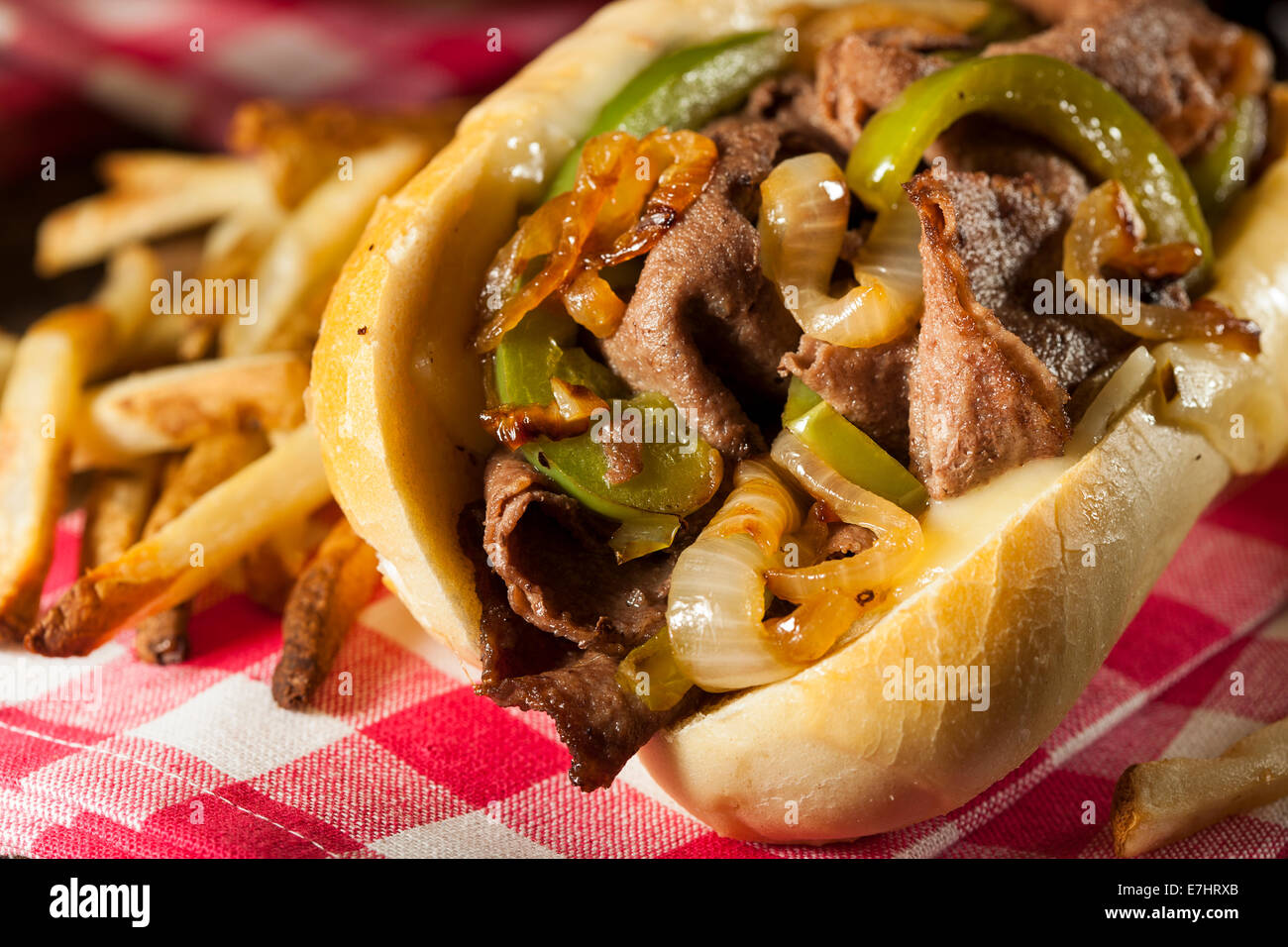 Homemade Philly Cheesesteak Sandwich with Onions and Peppers Stock