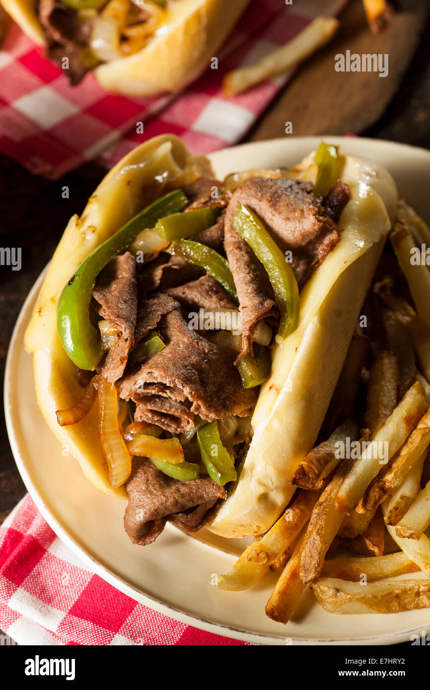 Homemade Philly Cheesesteak Sandwich with Onions and Peppers Stock