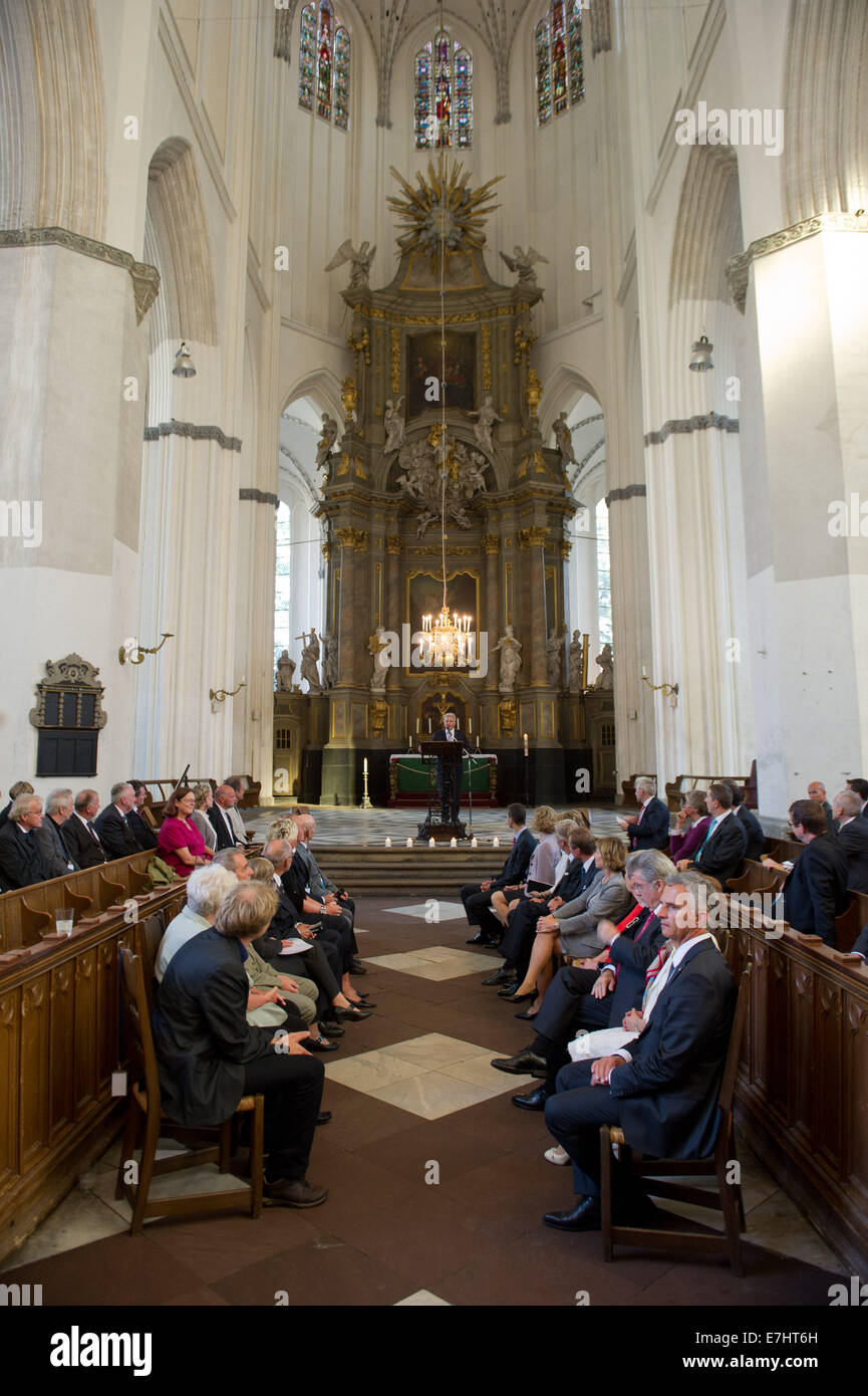 Rostock, Germany. 18th Sep, 2014. German President Joachim Gauck speaks at Saint Mary's Church during the 11th meeting of the German-speaking heads of state in Rostock, Germany, 18 September 2014. They are discussing questions about demographic change and remembering the peaceful revolution in East Germany 25 years ago at the informal meeting. Photo: Stefan Sauer/dpa/Alamy Live News Stock Photo