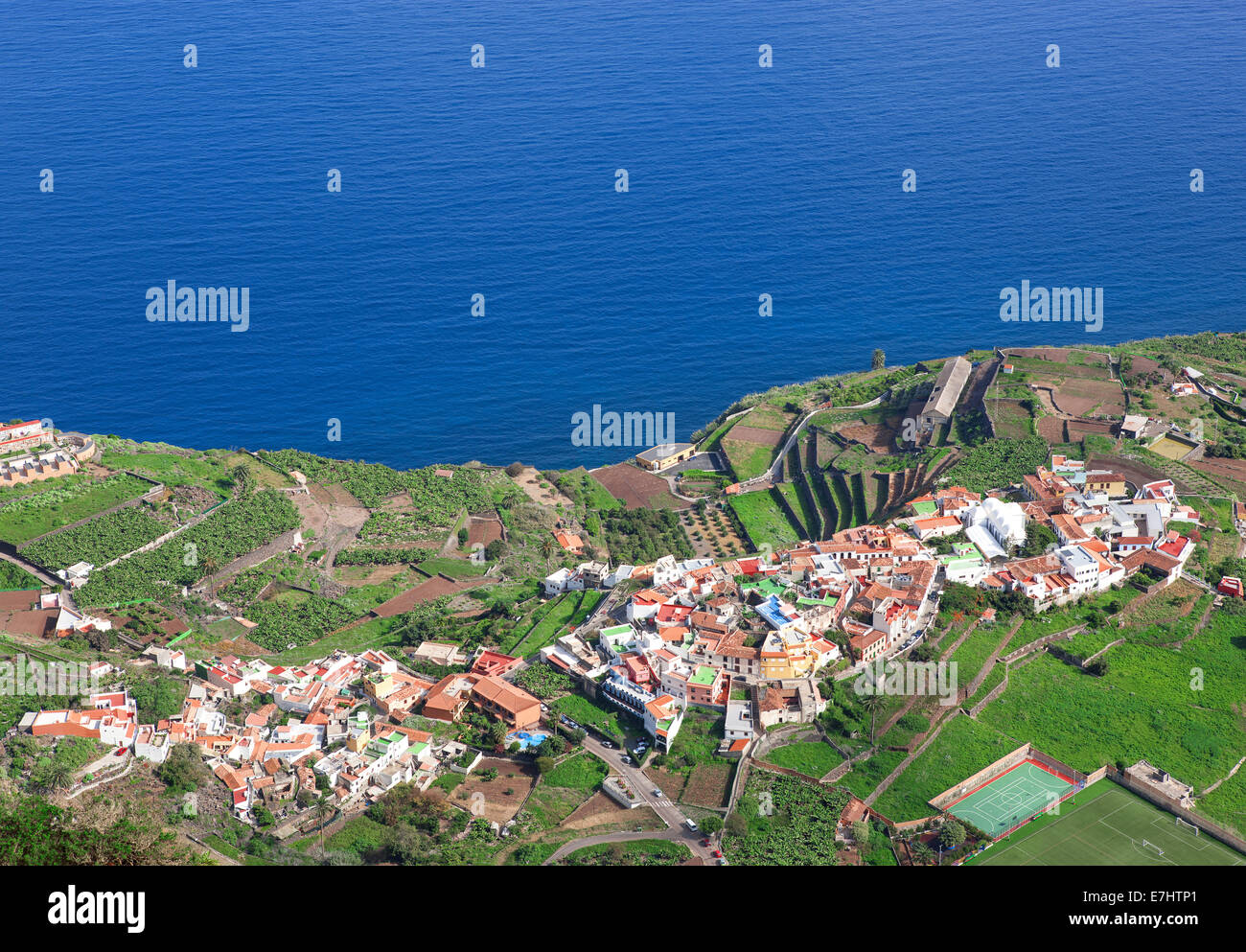 La Gomera - Aerial view of Agulo from Mirador de Abrante Stock Photo