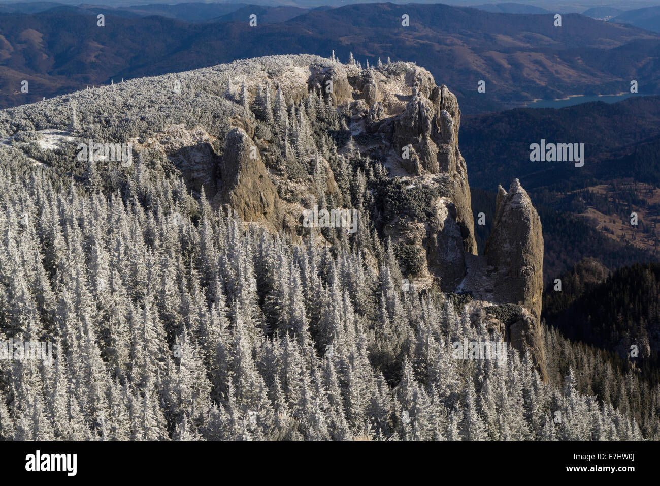 Winter mountain landscape of Ceahlau mountains in Romania Stock Photo