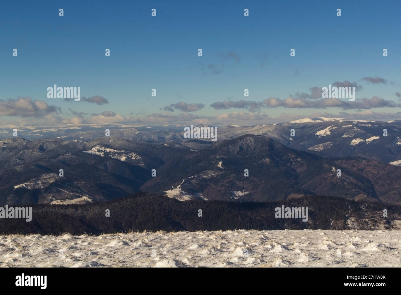 Winter mountain landscape from Ceahlau mountains in Romania Stock Photo