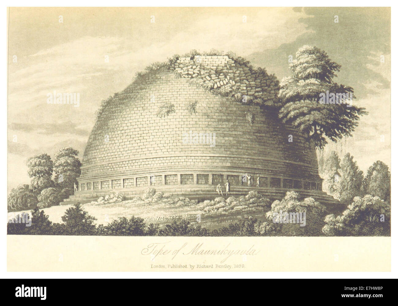 This 1839 illustration from Elphinstone shows the Tope of Maunikyaula, an ancient Buddhist structure, representing the architectural heritage of India. Stock Photo