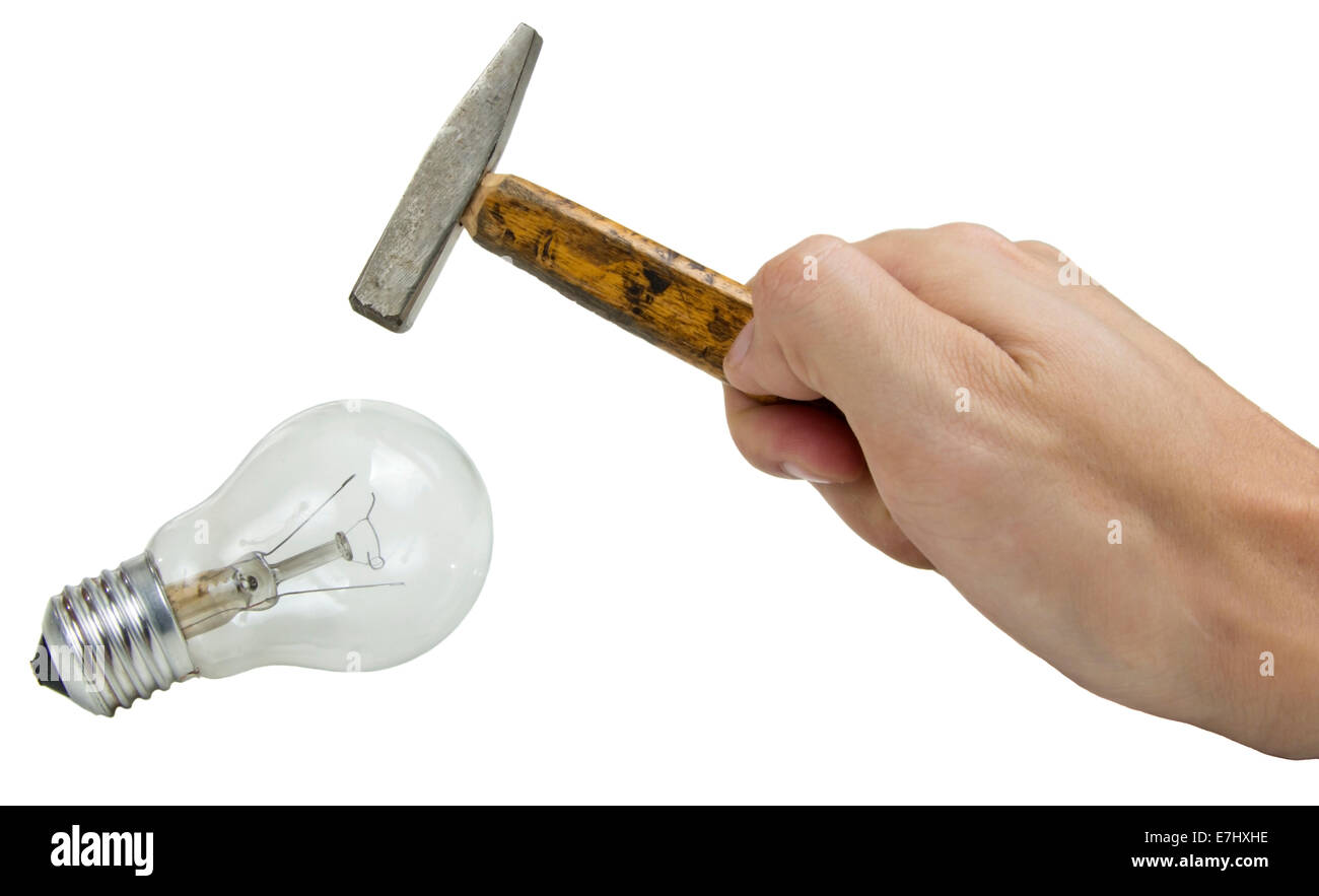 hammer breaking electric bulb isolated over white background Stock Photo