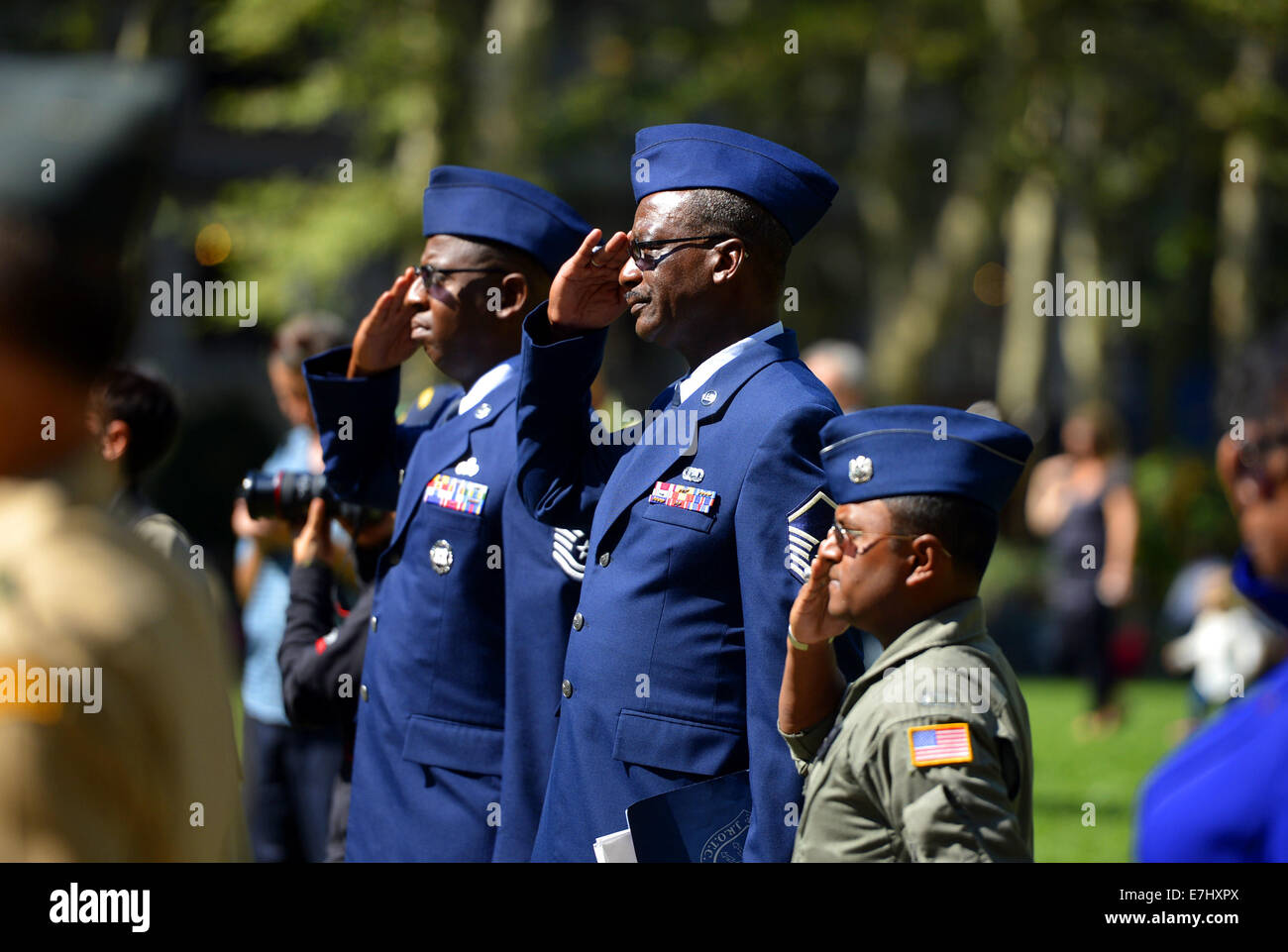 New York, Unite States, USA. 18th Sep, 2014. Military officials of the United States Air Force (USAF) salute at a commemoration of the 67th birthday of USAF in New York, the Unite States, Sept. 18, 2014. Credit:  Wang Lei/Xinhua/Alamy Live News Stock Photo