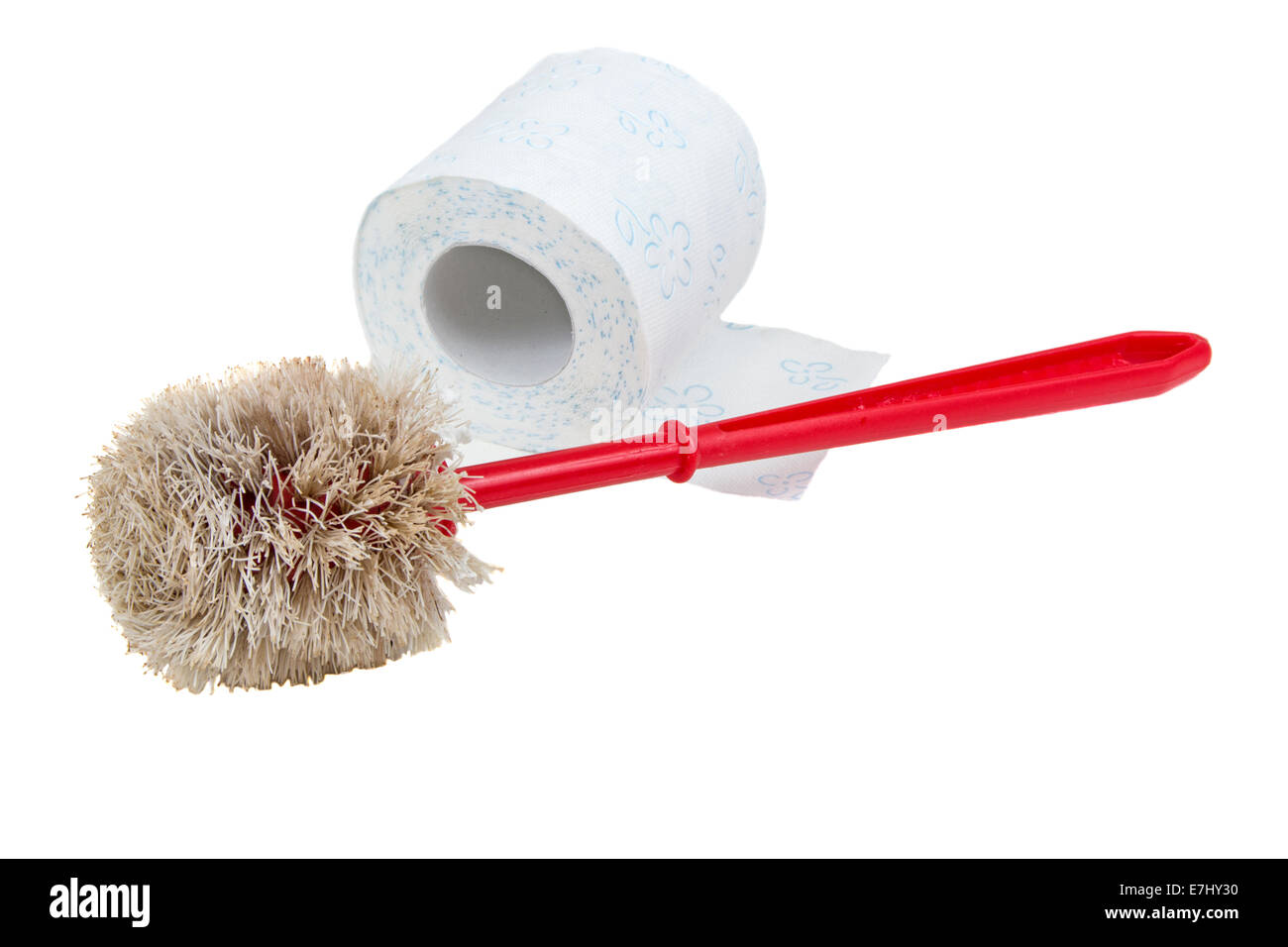 Used plastic red toilet brush and paper isolated on white background Stock Photo