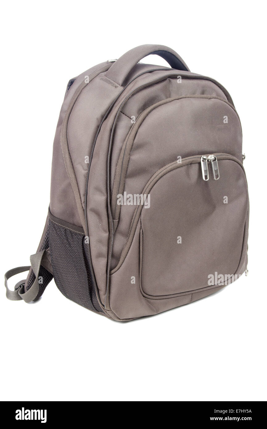 New closed brown backpack isolated on white Stock Photo
