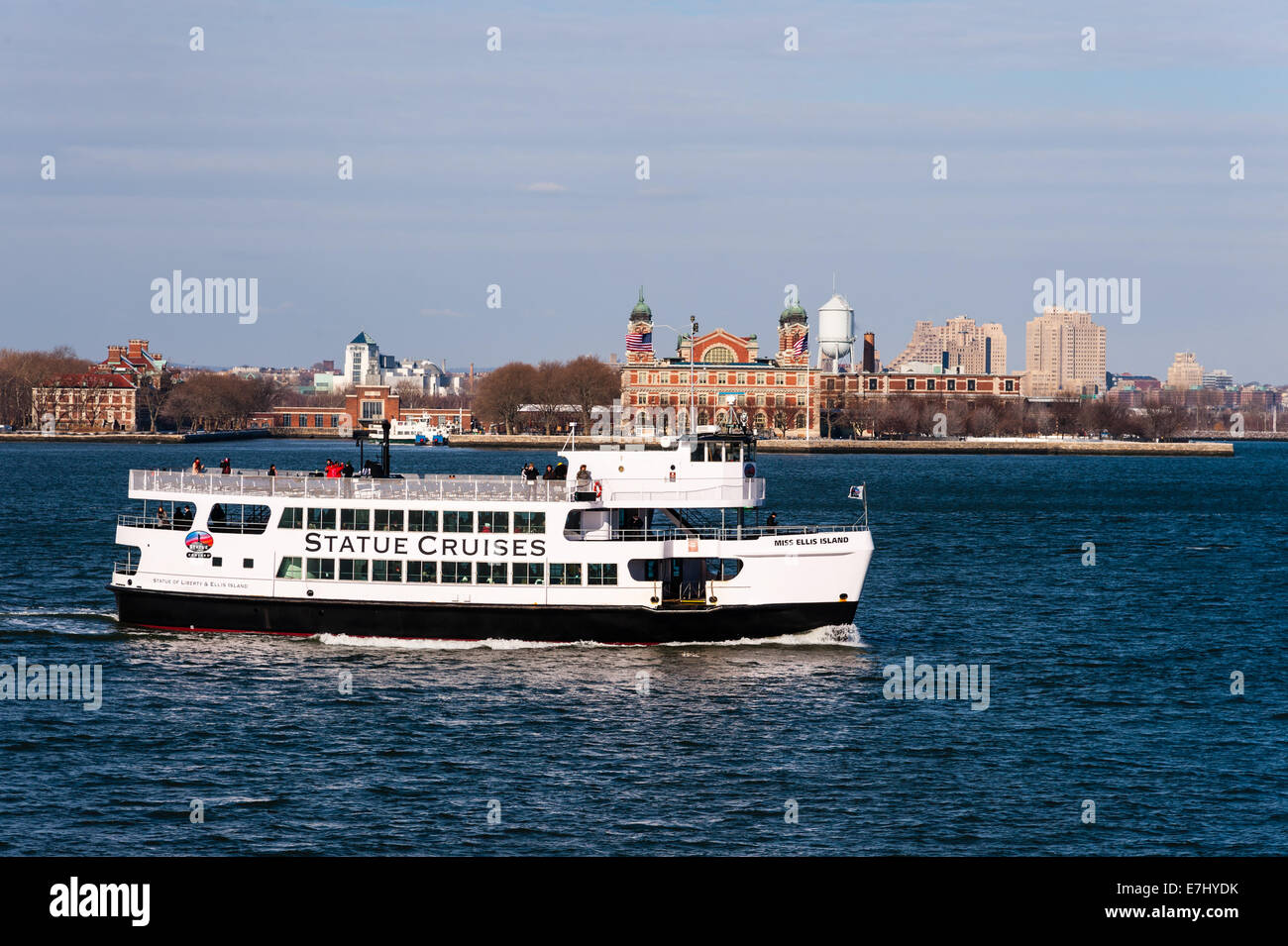US, New York City. Ellis Island seen from the Staten Island Ferry. Stock Photo