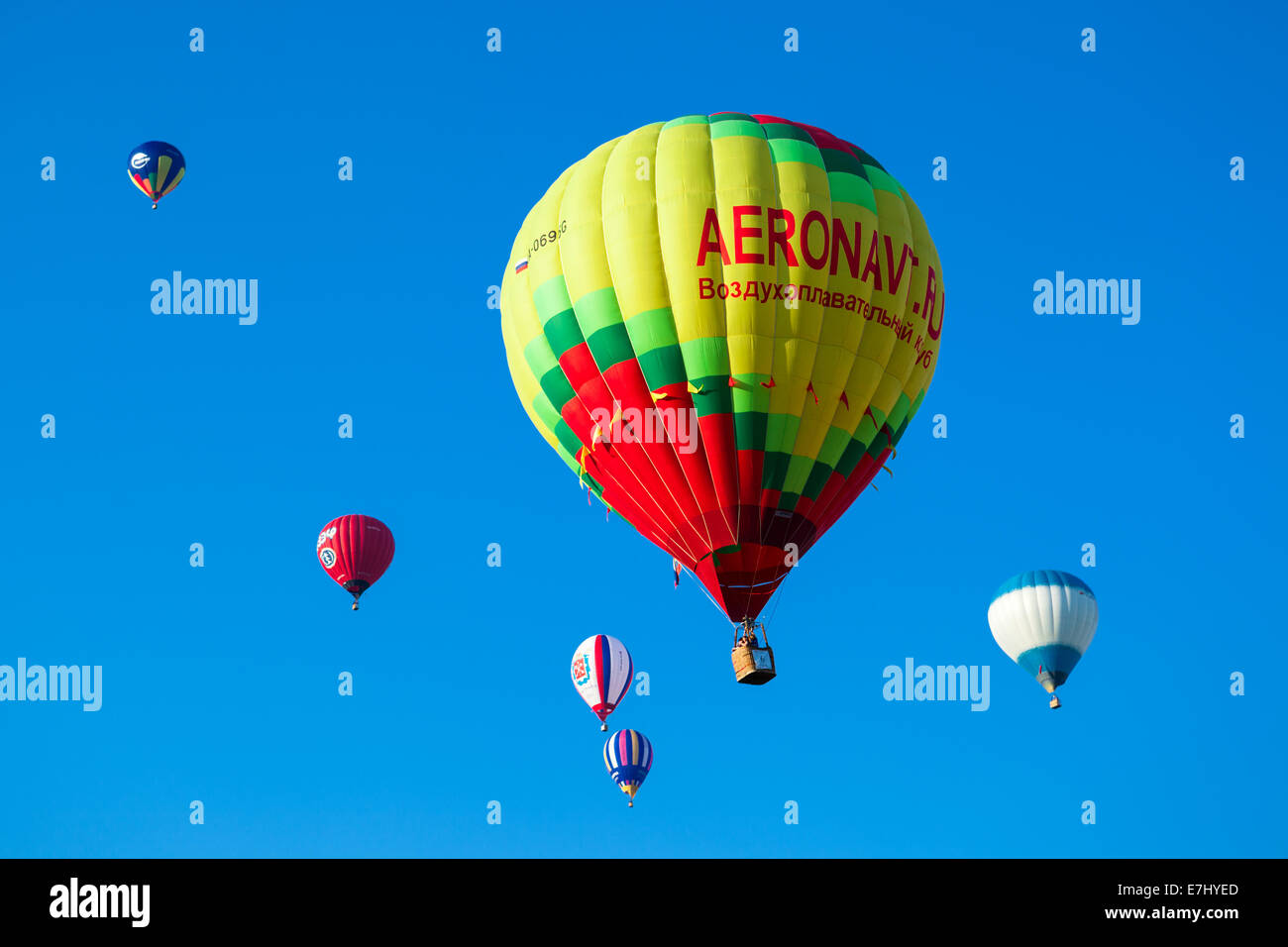 Minsk, Belarus - September 13, 2014: The FIRST OPEN CHAMPIONSHIP of Belarus on aeronautic sports.Bunch of colored balloons. Stock Photo