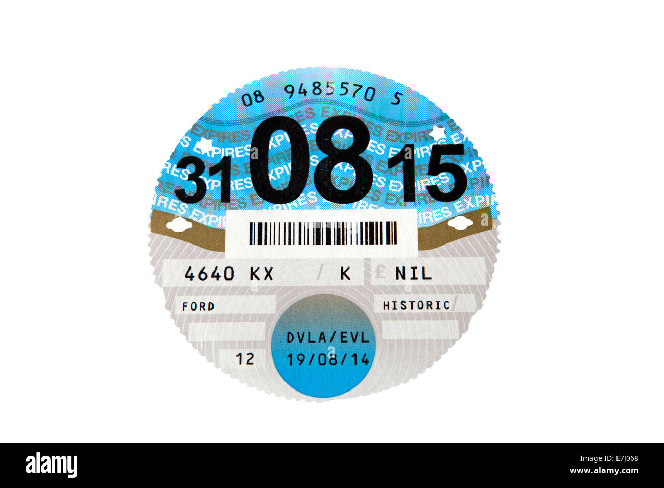 Tax disc for a Historic vehicle issued August 2014 and expires August 2015 Stock Photo