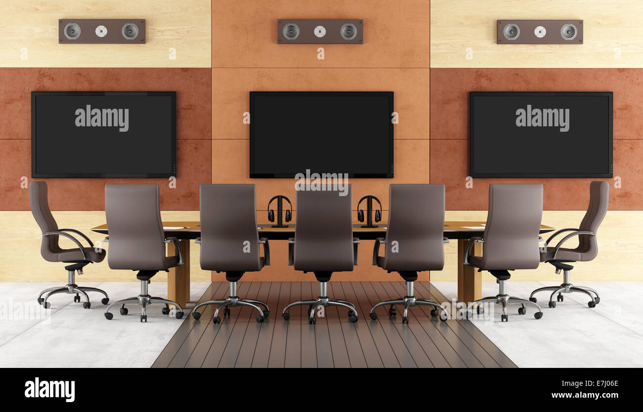Contemporary conference room with meeting table,chair and led monitor on wall - rendering Stock Photo