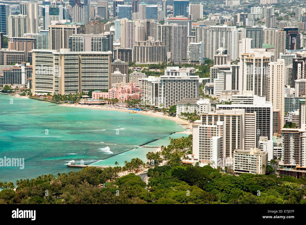 Aerial view of Honolulu and Waikiki beach from Diamond Head Stock Photo