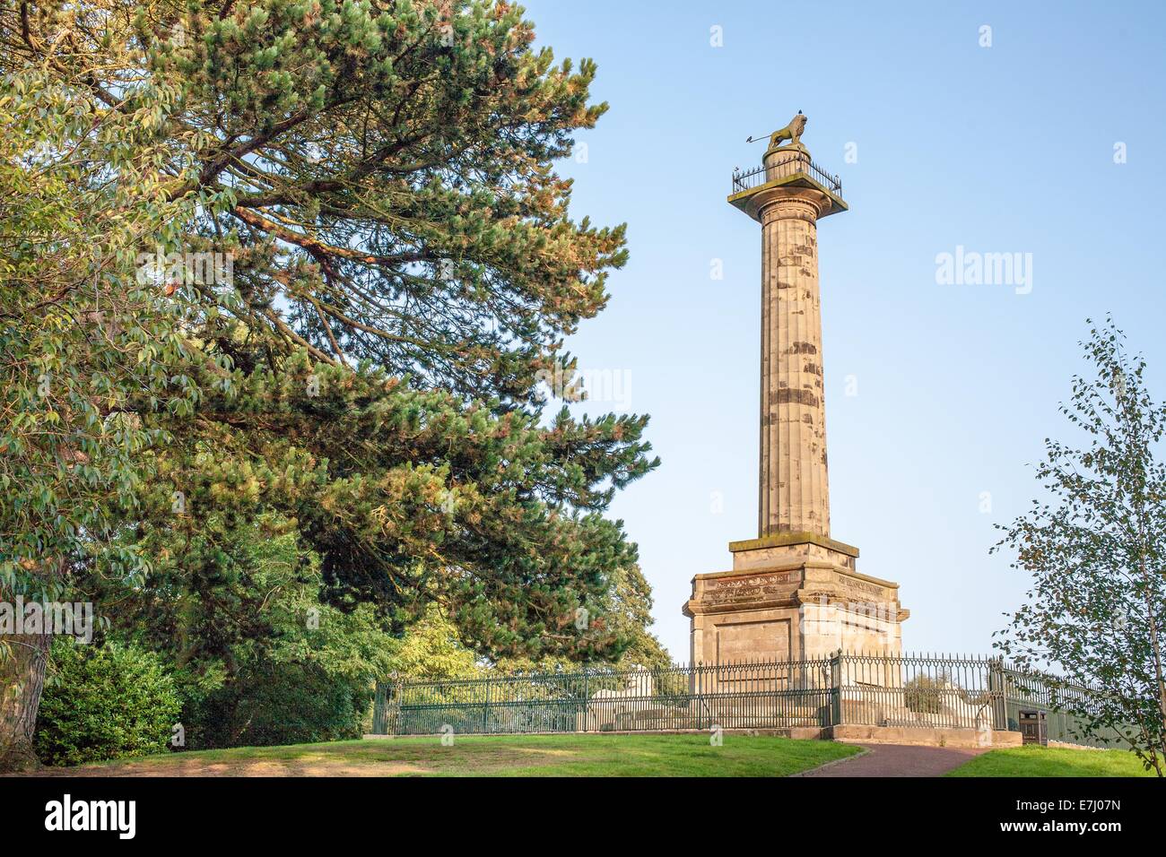 The Tenantry Column, a monument topped by the Percy Lion, symbol of the Percy  family in Alnwick  in Northumberland, England UK Stock Photo