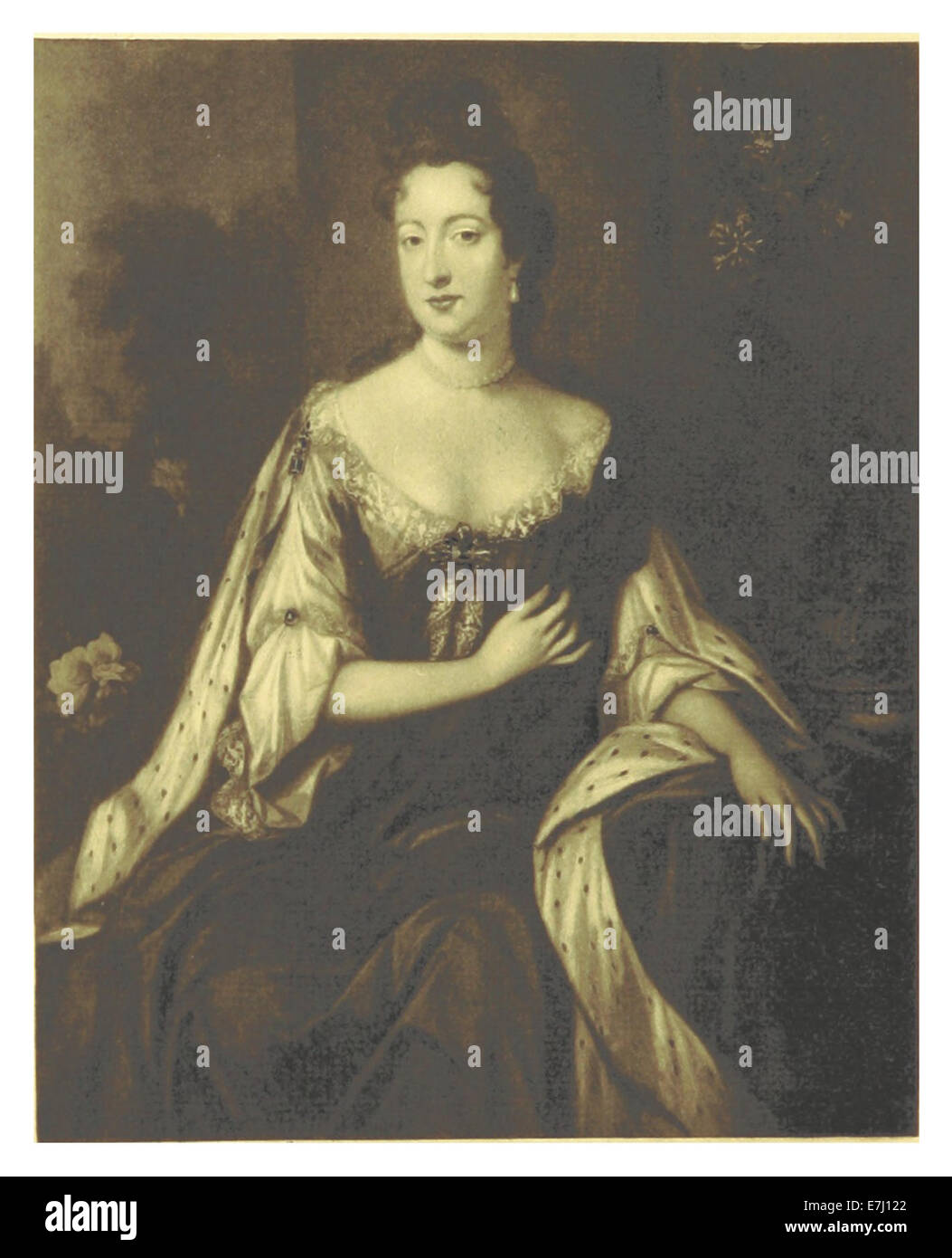 This 1898 illustration from Macaulay depicts Queen Mary II., based on a portrait by William Wissing, showcasing the regal attire and image of the British queen. Stock Photo