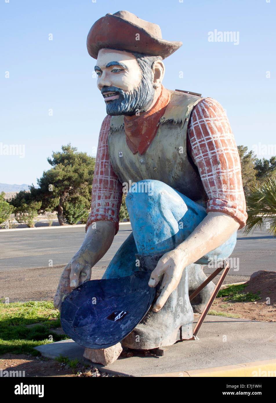 Gold Strike Casino miner statue in Jean, Nevada, honoring the state’s Gold Rush heritage and mining history along I-15. Stock Photo