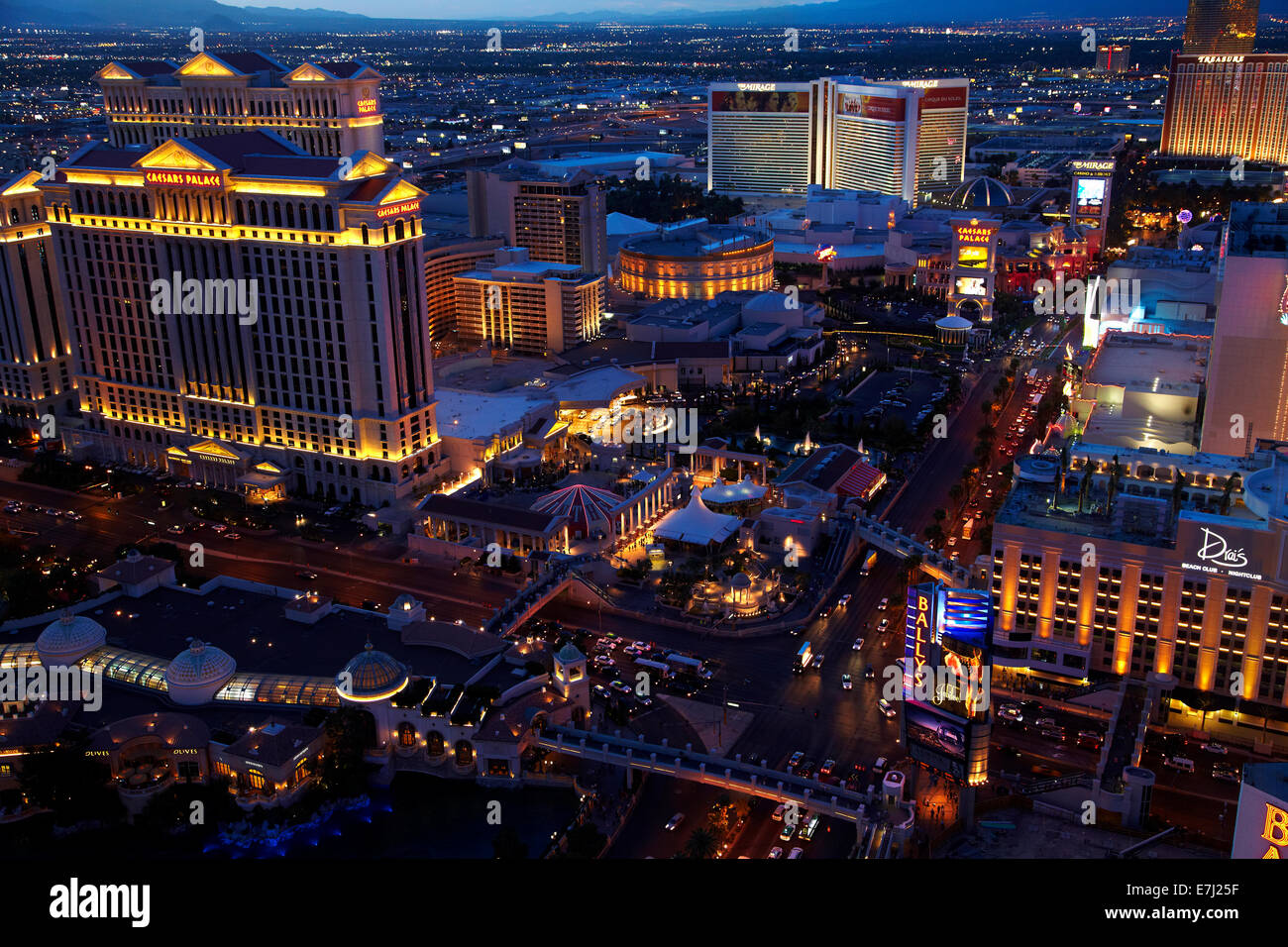 Caesars Palace and The Strip, seen from Eiffel Tower replica at Paris Hotel and Casino, Las Vegas, Nevada, USA Stock Photo