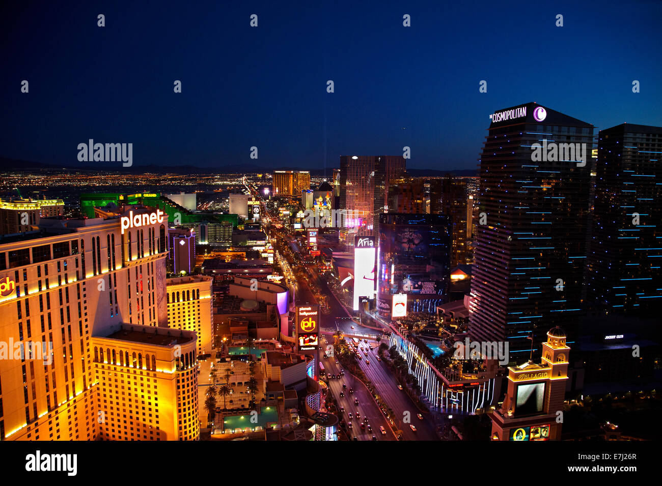 Planet Hollywood and casinos and hotels along The Strip, seen from Eiffel Tower replica at Paris Hotel and Casino, Las Vegas, Ne Stock Photo