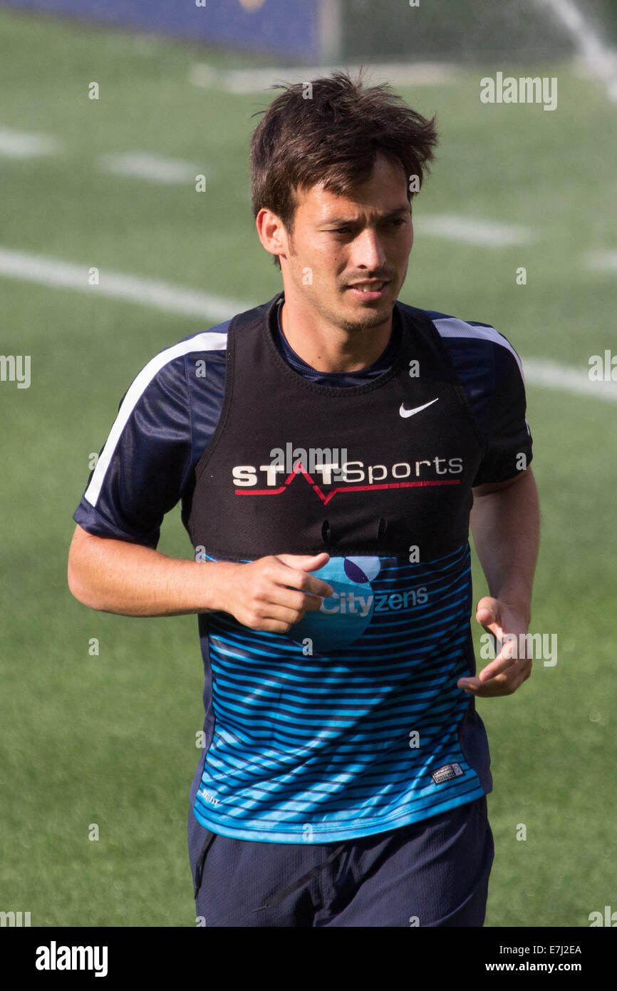 This image shows Manchester City superstar David Silva during a pre match jog at Yankee Stadium on July 30, 2014 Stock Photo