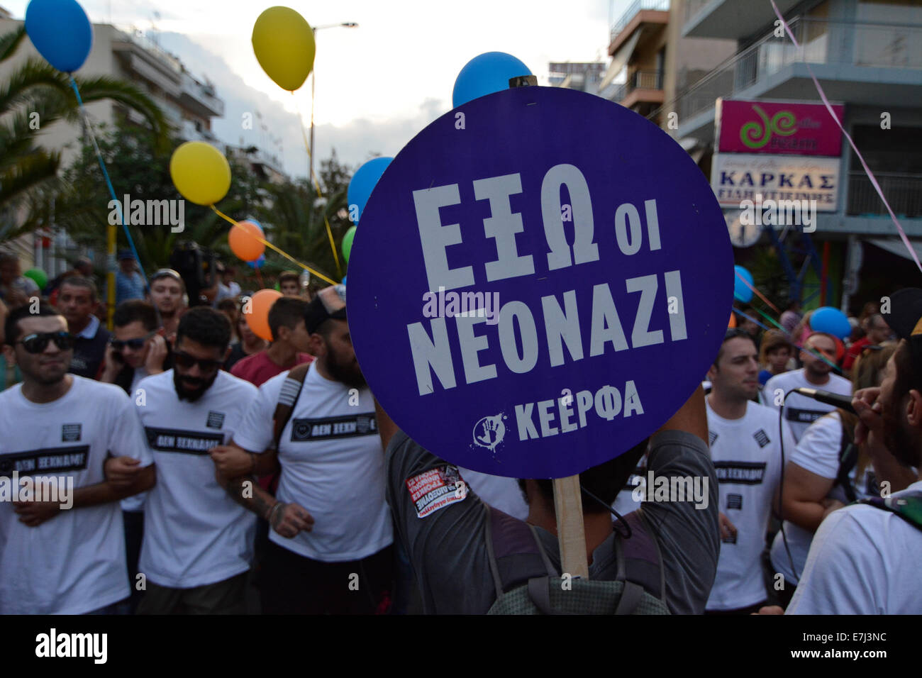Athens, Greece. 18th September, 2014. Protesters shout slogans against fascism as they rally to commemorate one year after rapper Pavlos Fyssas was stabbed to death by a member of the neonazi, Golden Dawn party. Athens, Greece, September 18, 2014.  Credit:  Nikolas Georgiou / Alamy Live News Stock Photo