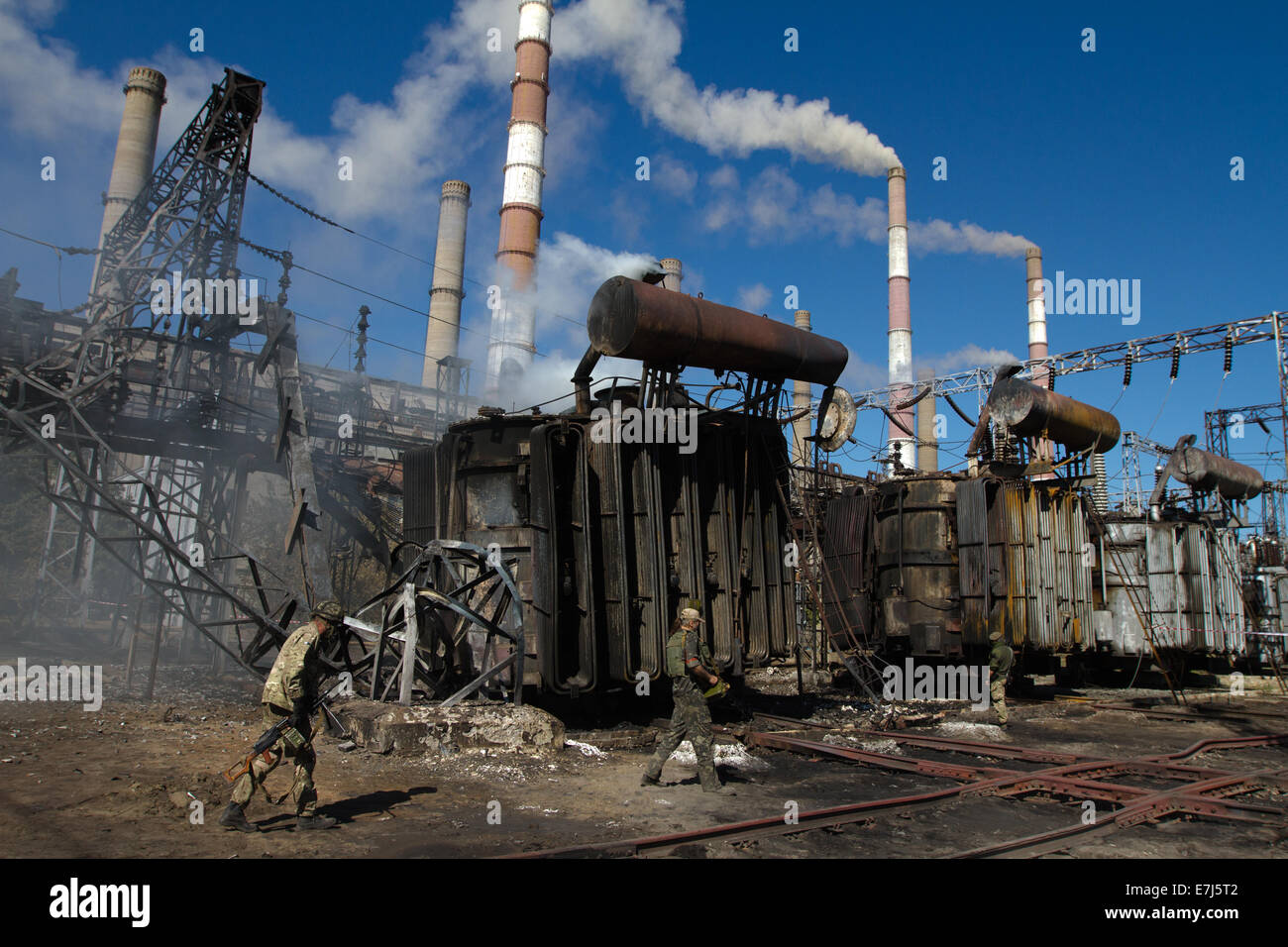 Luhansk, Ukraine. 18th Sept, 2014. Transformators of Luhansk TPP which supplies greater Luhansk area with electricity were damaged beyond repair by pro-russian separatist mortar fire. As a consequence administrational districts of Novoaidar, Starobilsk, Severodonetsk and Stanychno-Luhansk were left without power. Credit:  Sergii Kharchenko/Pacific Press/Alamy Live News Stock Photo