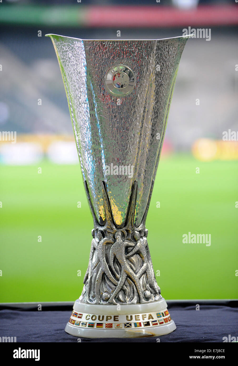 Moenchengladbach, Germany. 18th Sep, 2014. The UEFA Cup trophy stands on  the sideline of the pitch prior to the UEFA Europa League group A match  between Borussia Moenchengladbach and FC Villarreal in