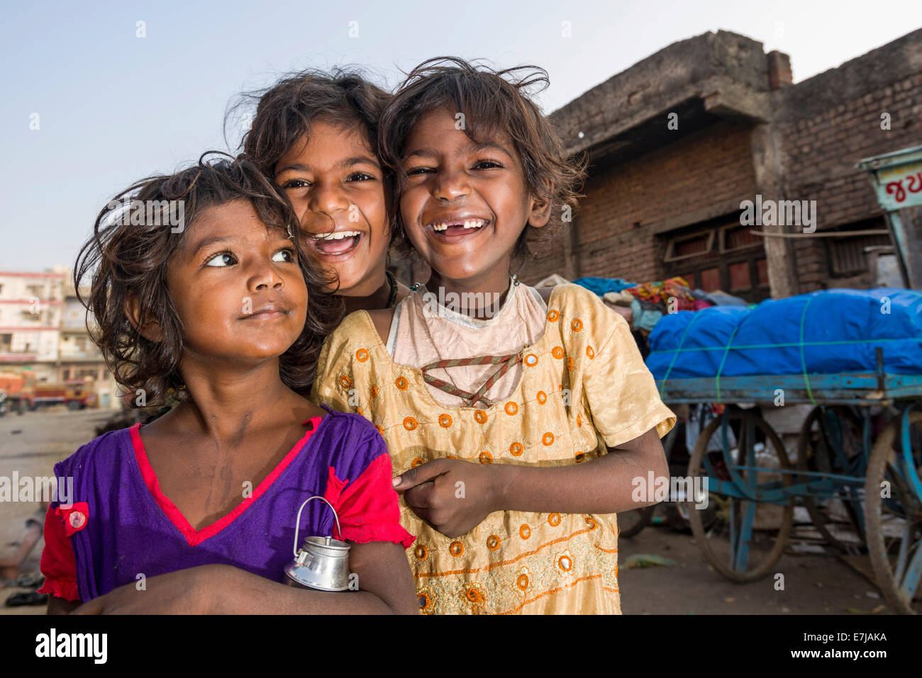 Three smiling street kids, Bhavnagar, Gujarat, India Stock Photo
