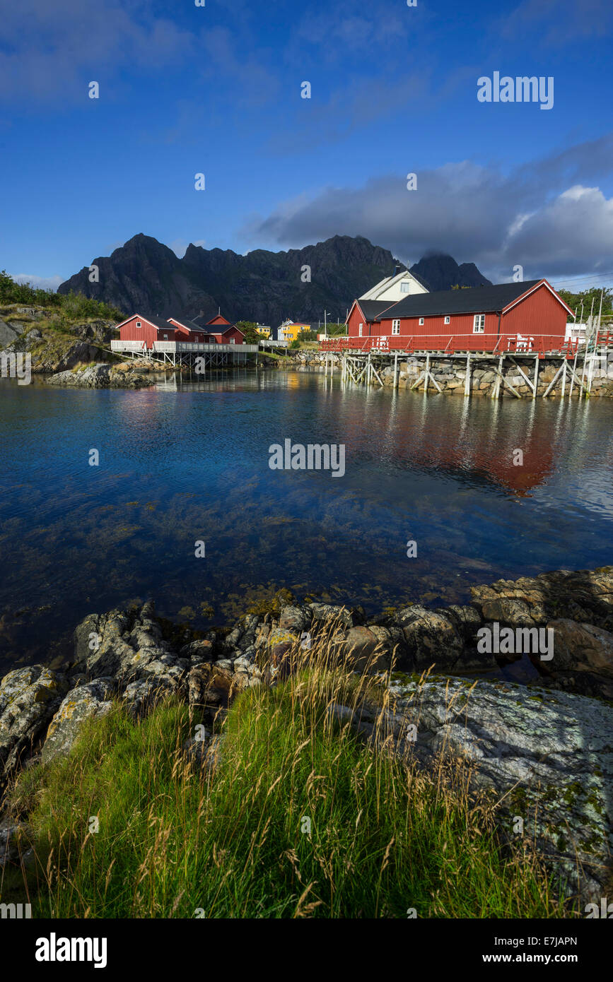 Settlement with Rorbuer fishermen's cabins, Henningsvær, Lofoten, Nordland, Norway Stock Photo