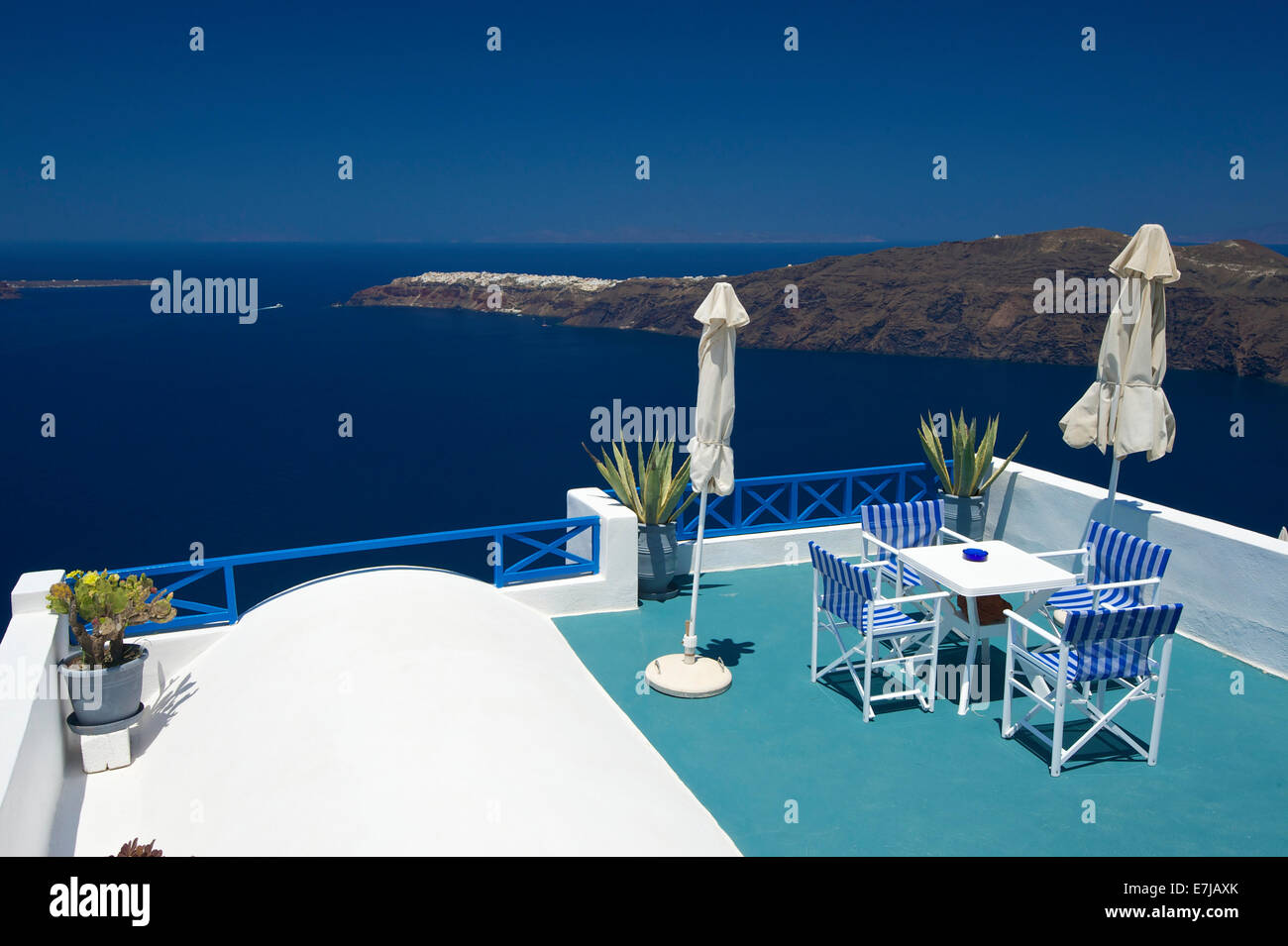 Hotel terrace, Imerovigli, Santorini, Cyclades, Greece Stock Photo