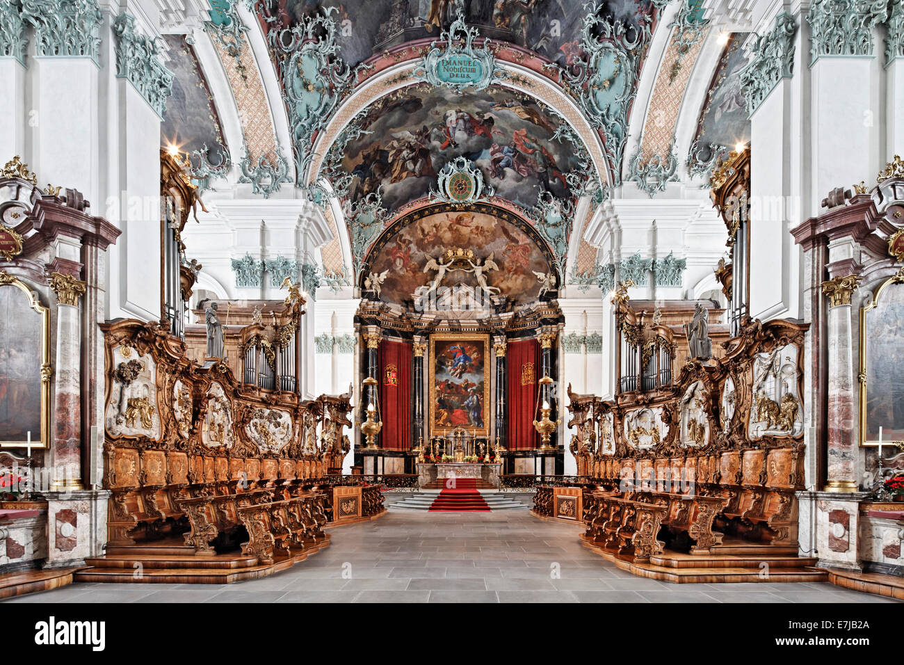 Choir, choir stalls and interior of the baroque Catholic Cathedral of St. Gallen, St. Gallen, Canton of St. Gallen, Switzerland Stock Photo