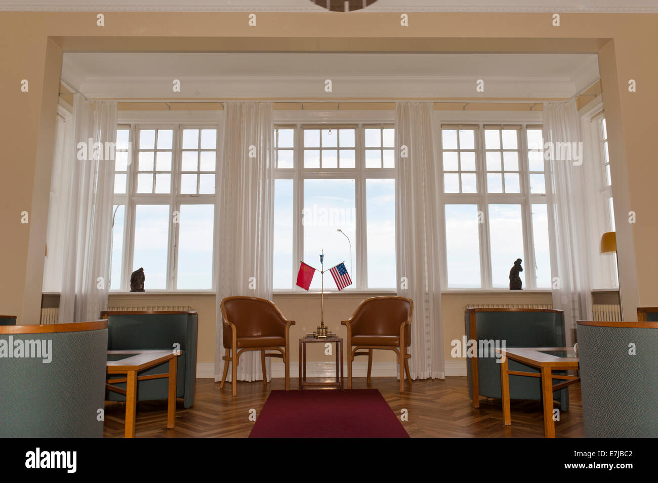 Historical room in the guesthouse, flags of the Soviet Union and the ...