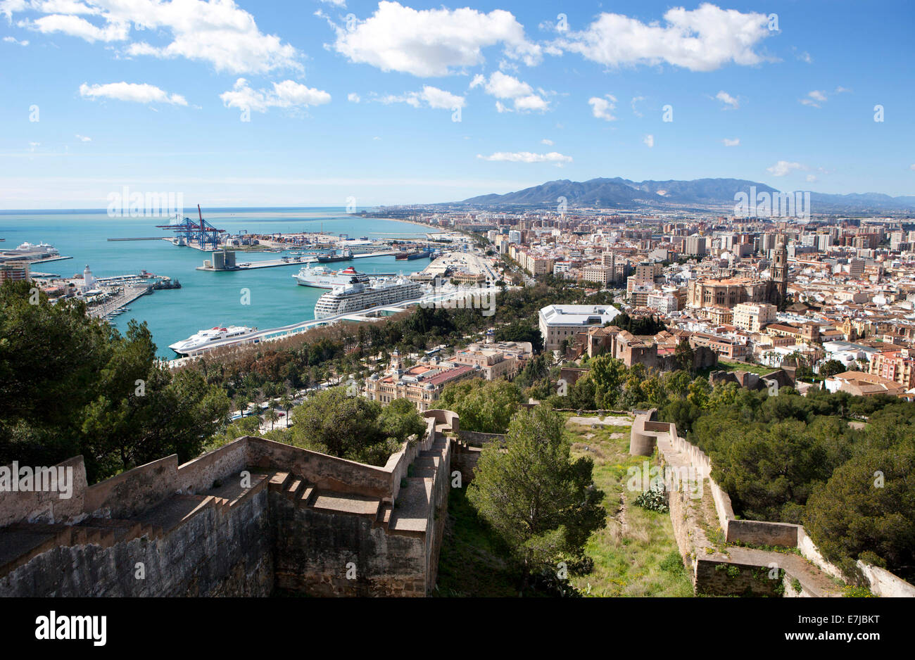 View from the Alcazaba, Moorish fortress, harbour, Castillo de Gibralfaro castle on Mount Gibralfaro, Malaga, Andalusia, Spain Stock Photo