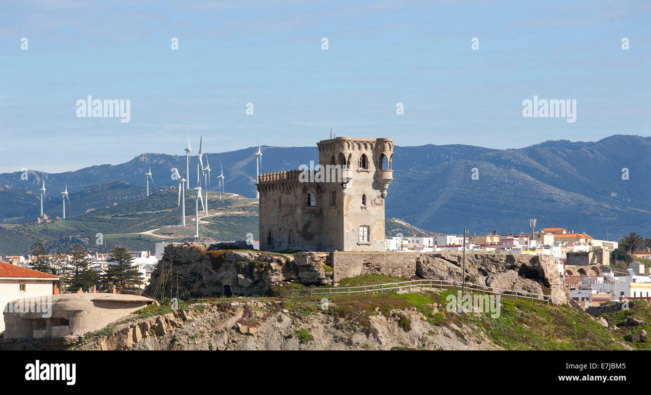 Wind turbines, Castillo de Santa Catalina, Tarifa, Province of Cadiz, Andalusia, Spain Stock Photo