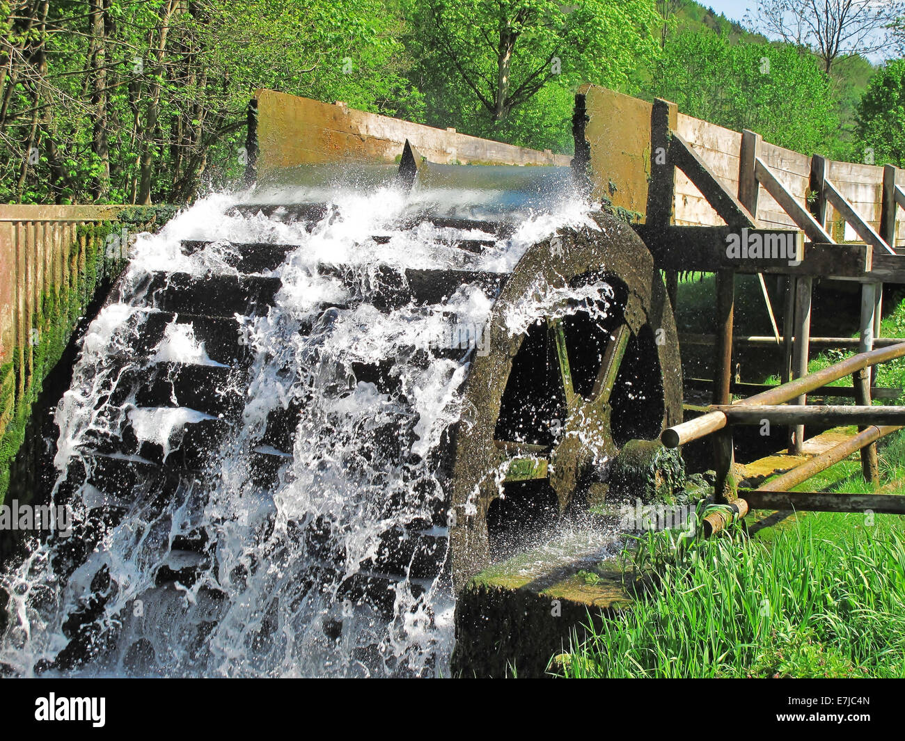 Germany, Franconian Switzerland, waterwheel, water, wood, foam, grass, trees, wheel, bicycle, Stock Photo